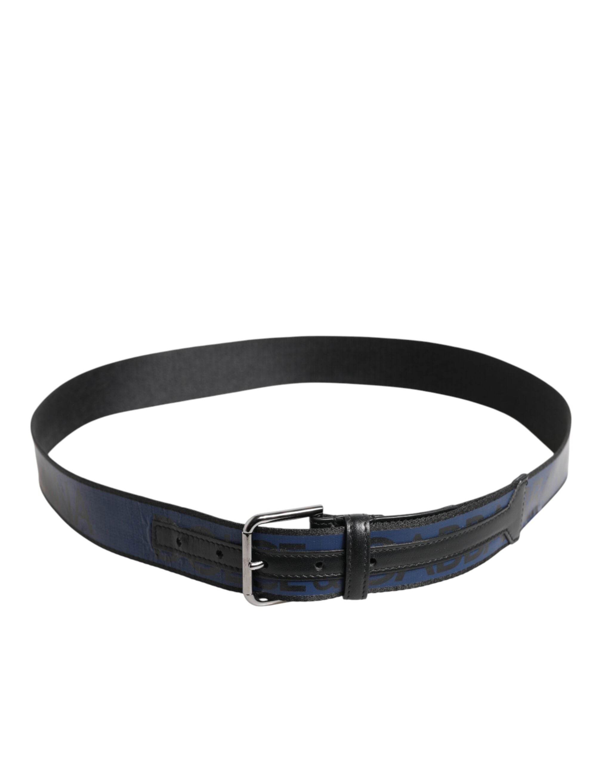 Dolce & Gabbana Black Blue DG Logo Silver Metal Buckle Belt - Hilstor