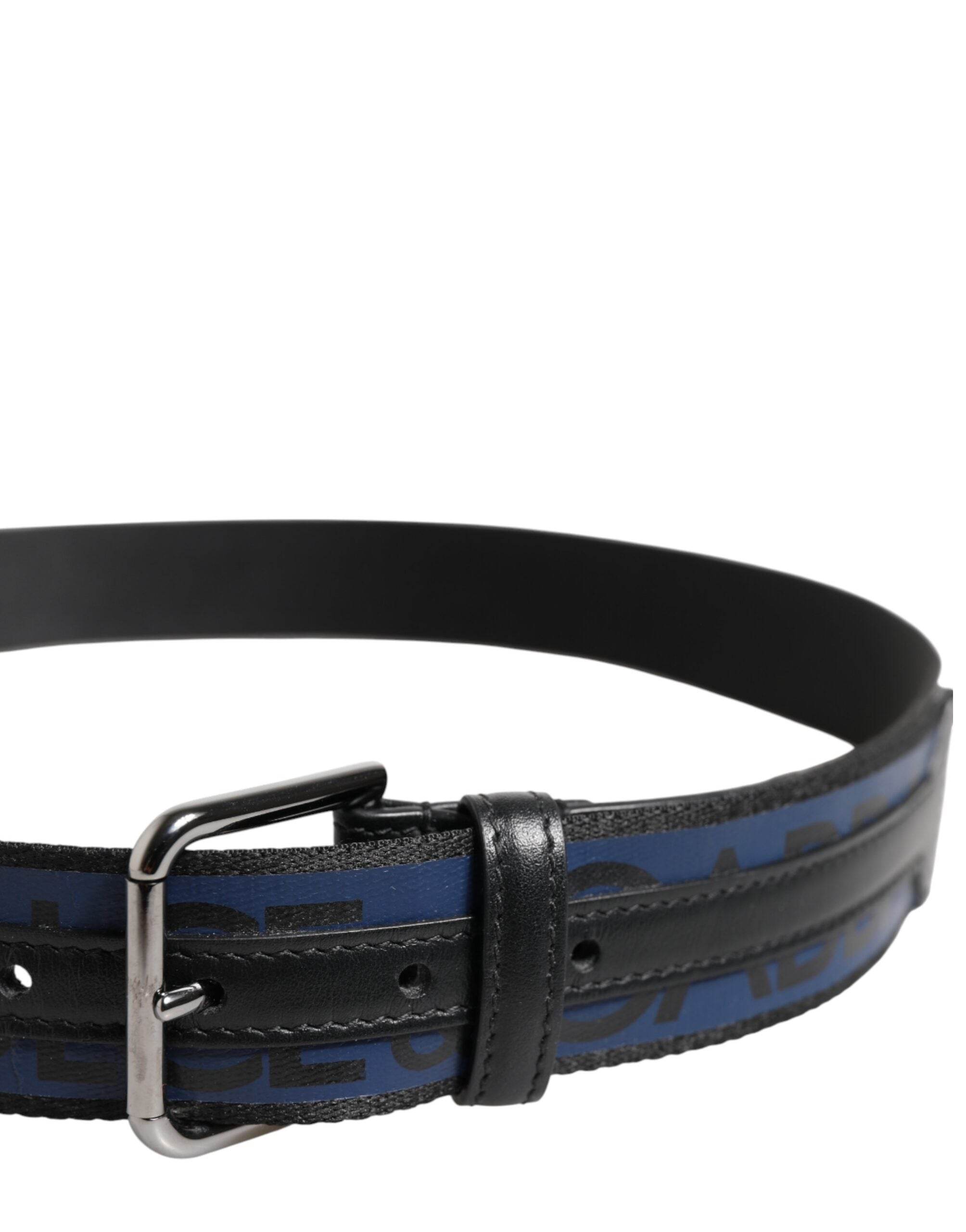 Dolce & Gabbana Black Blue DG Logo Silver Metal Buckle Belt - Hilstor