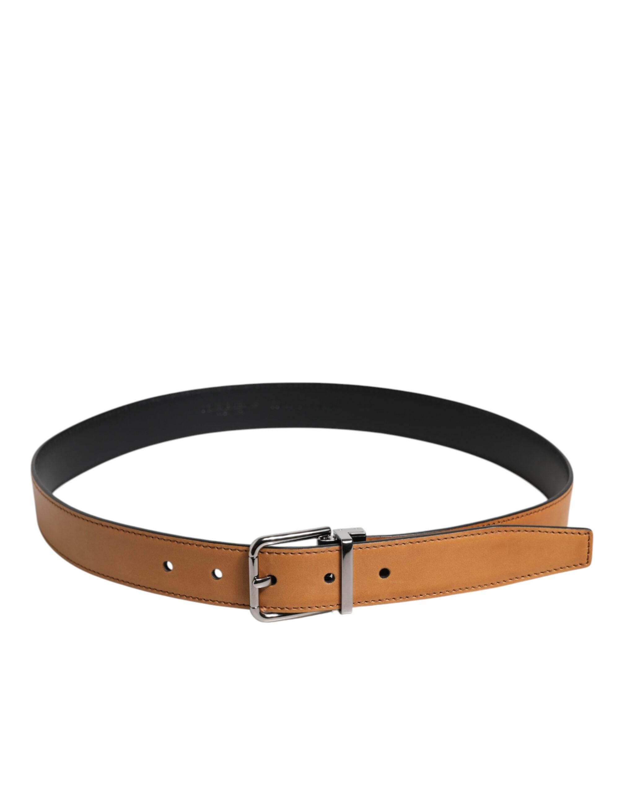 Dolce & Gabbana Brown Classic Calf Leather Silver Buckle Belt - Hilstor