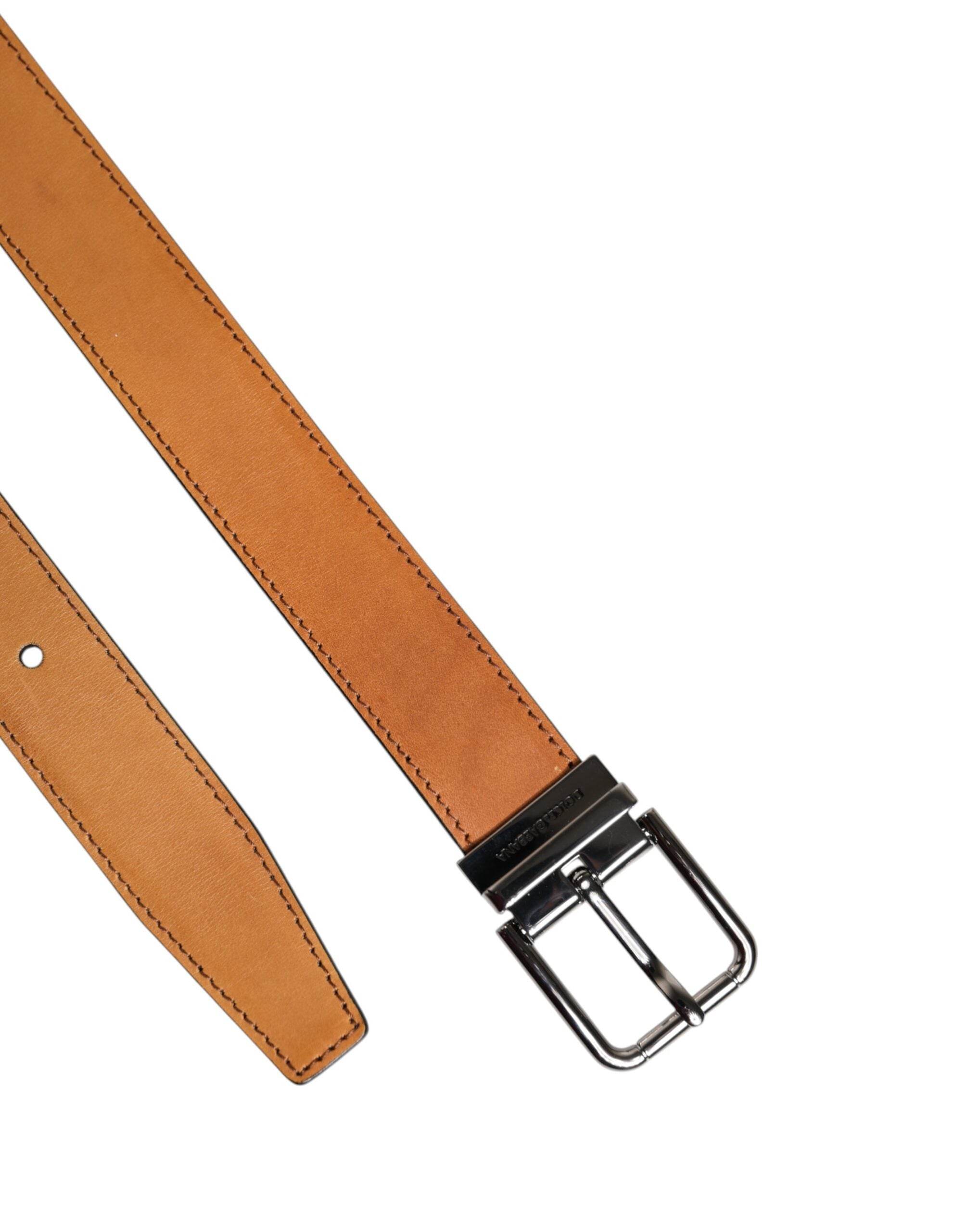 Dolce & Gabbana Brown Classic Calf Leather Silver Buckle Belt - Hilstor
