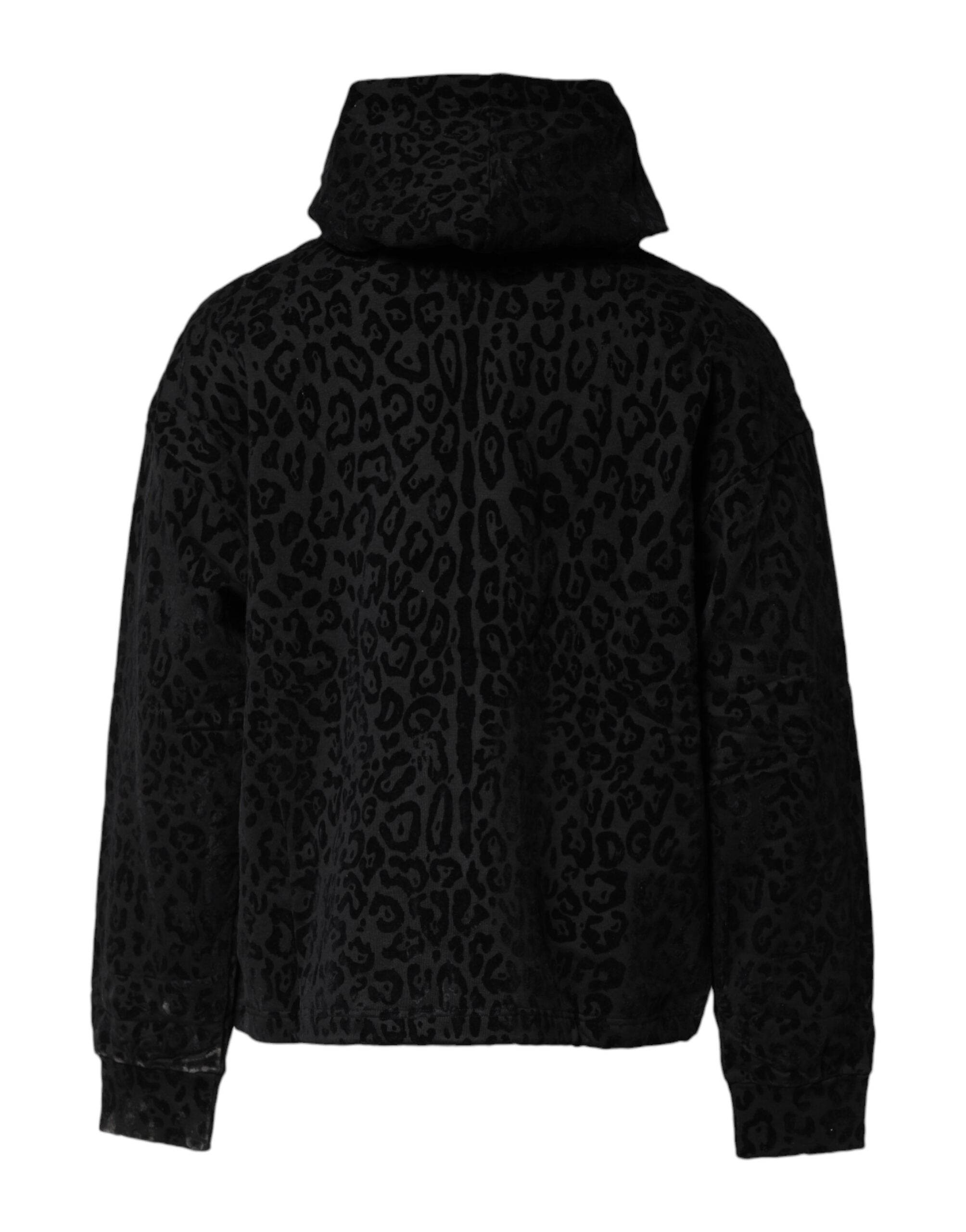Dolce & Gabbana Black Leopard Full Zip Hooded Sweatshirt Sweater - Hilstor