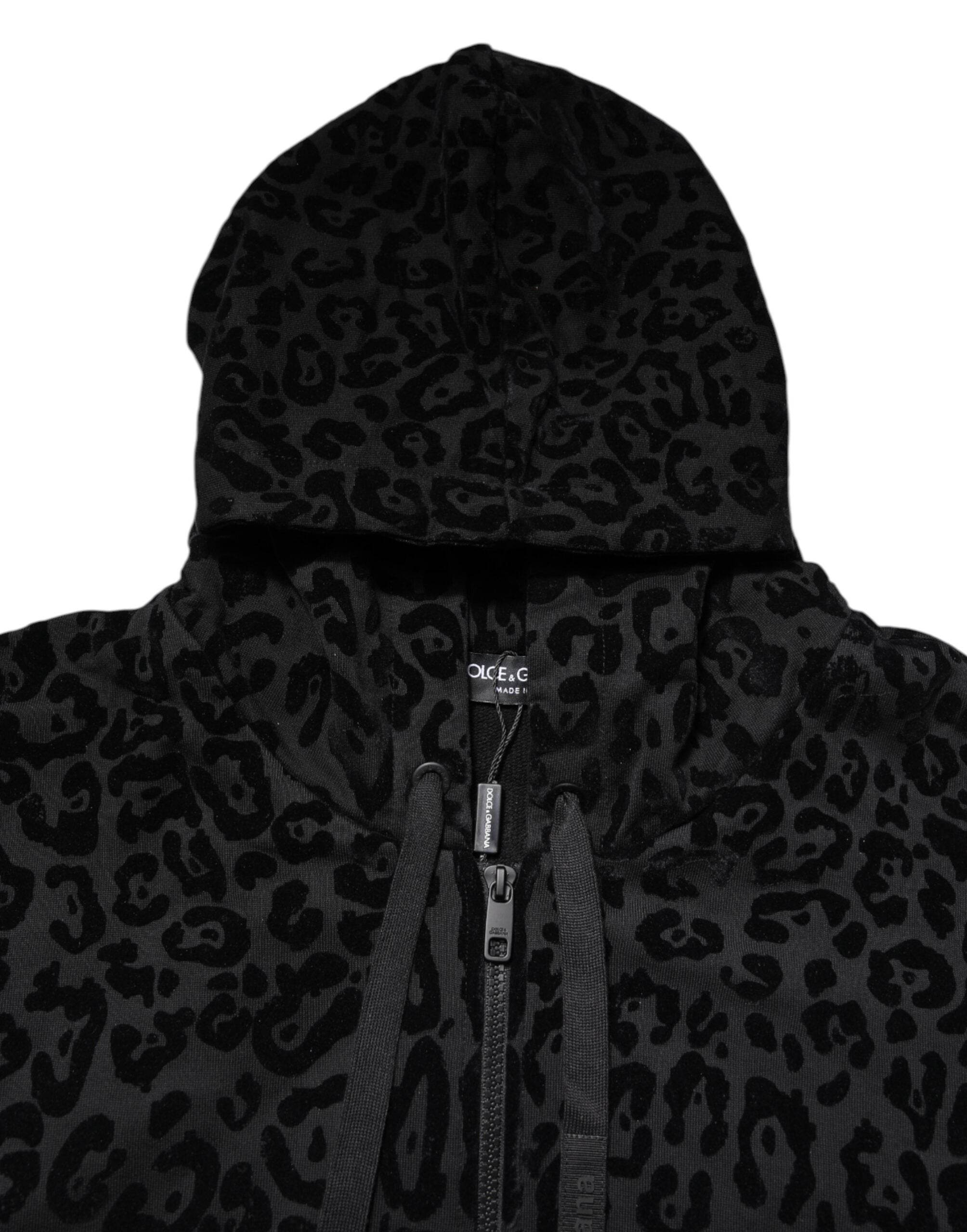 Dolce & Gabbana Black Leopard Full Zip Hooded Sweatshirt Sweater - Hilstor