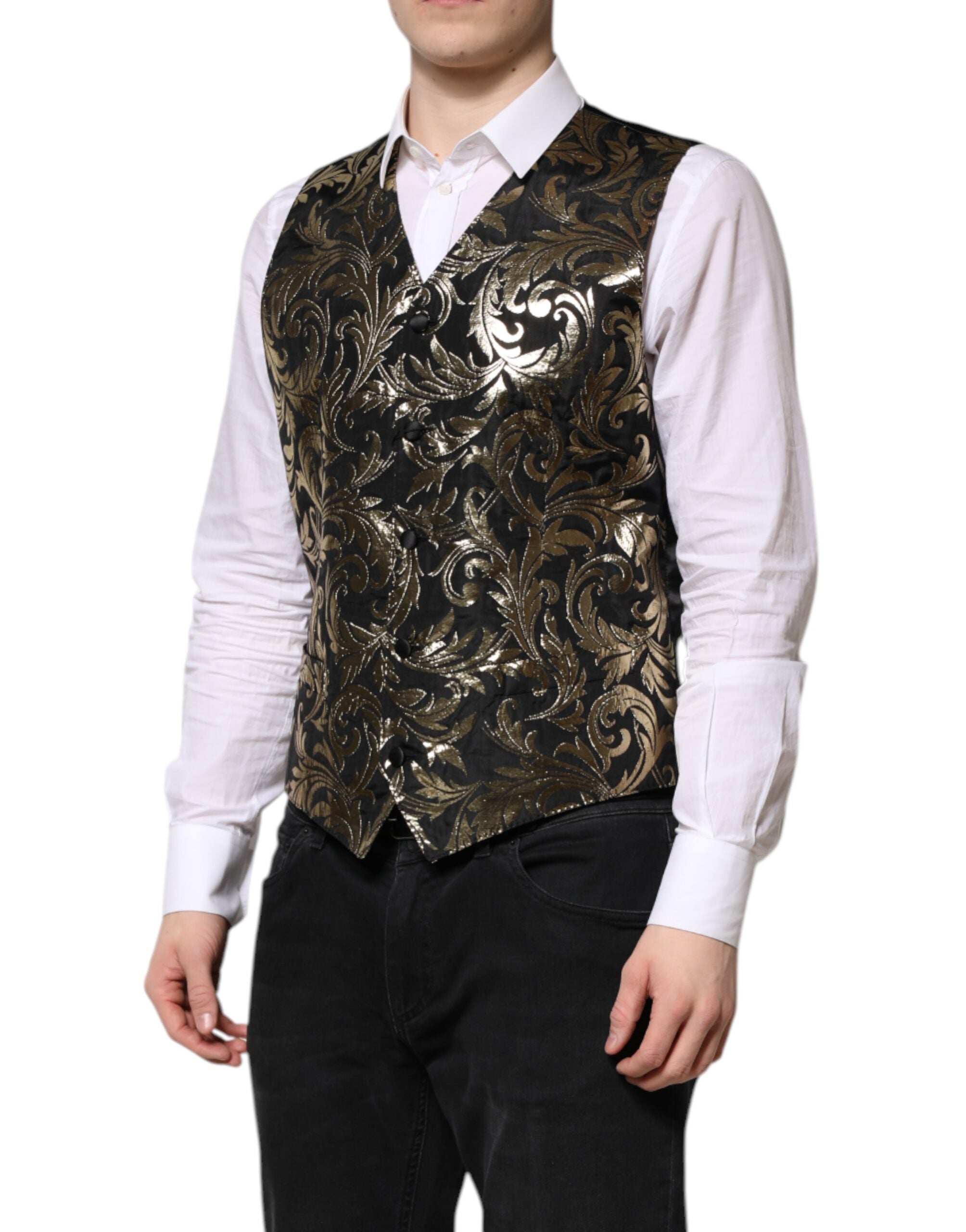 Dolce &amp; Gabbana Sort Guld Jacquard Formel Herrevest