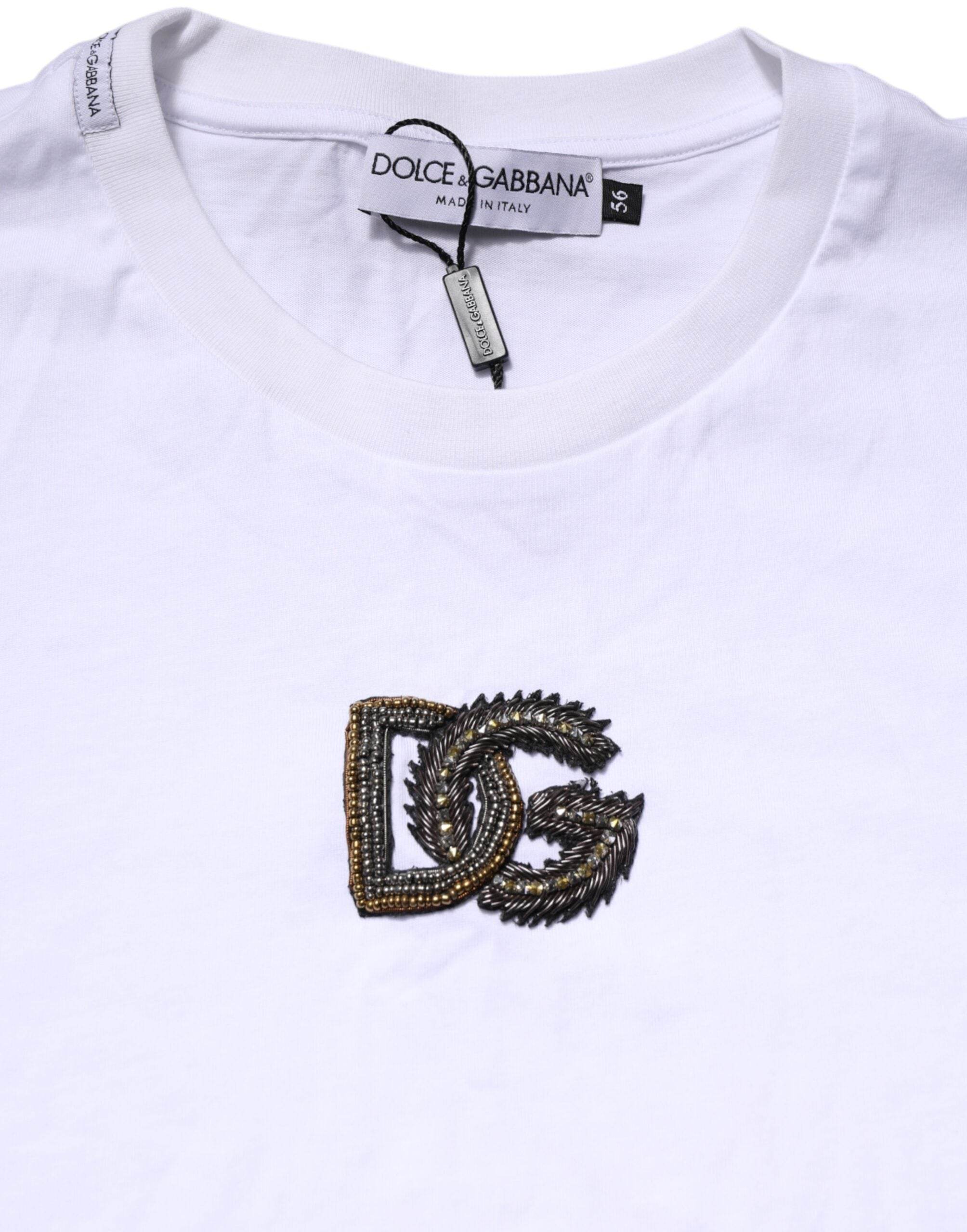 Dolce & Gabbana White Logo Embroidery Crew Neck T-shirt - Hilstor