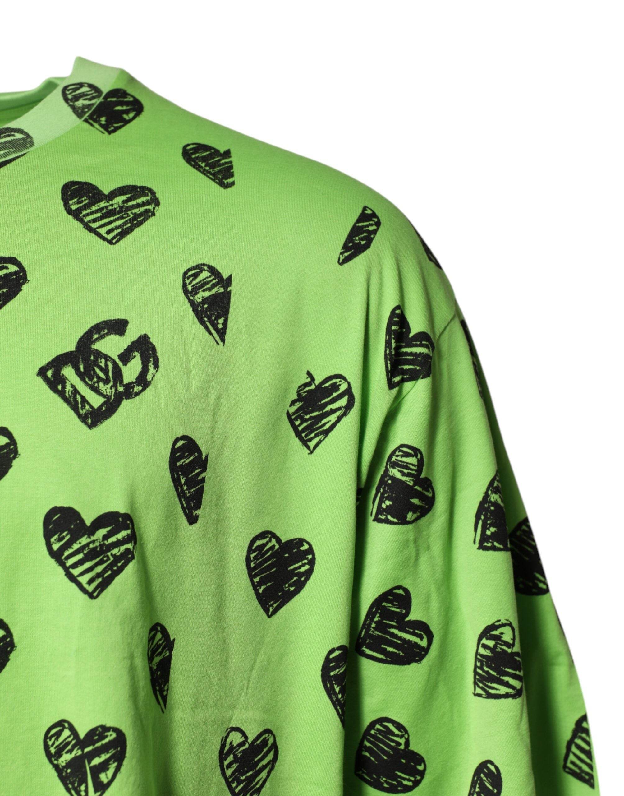 Dolce & Gabbana Green Heart Print Cotton Crew Neck T-shirt - Hilstor