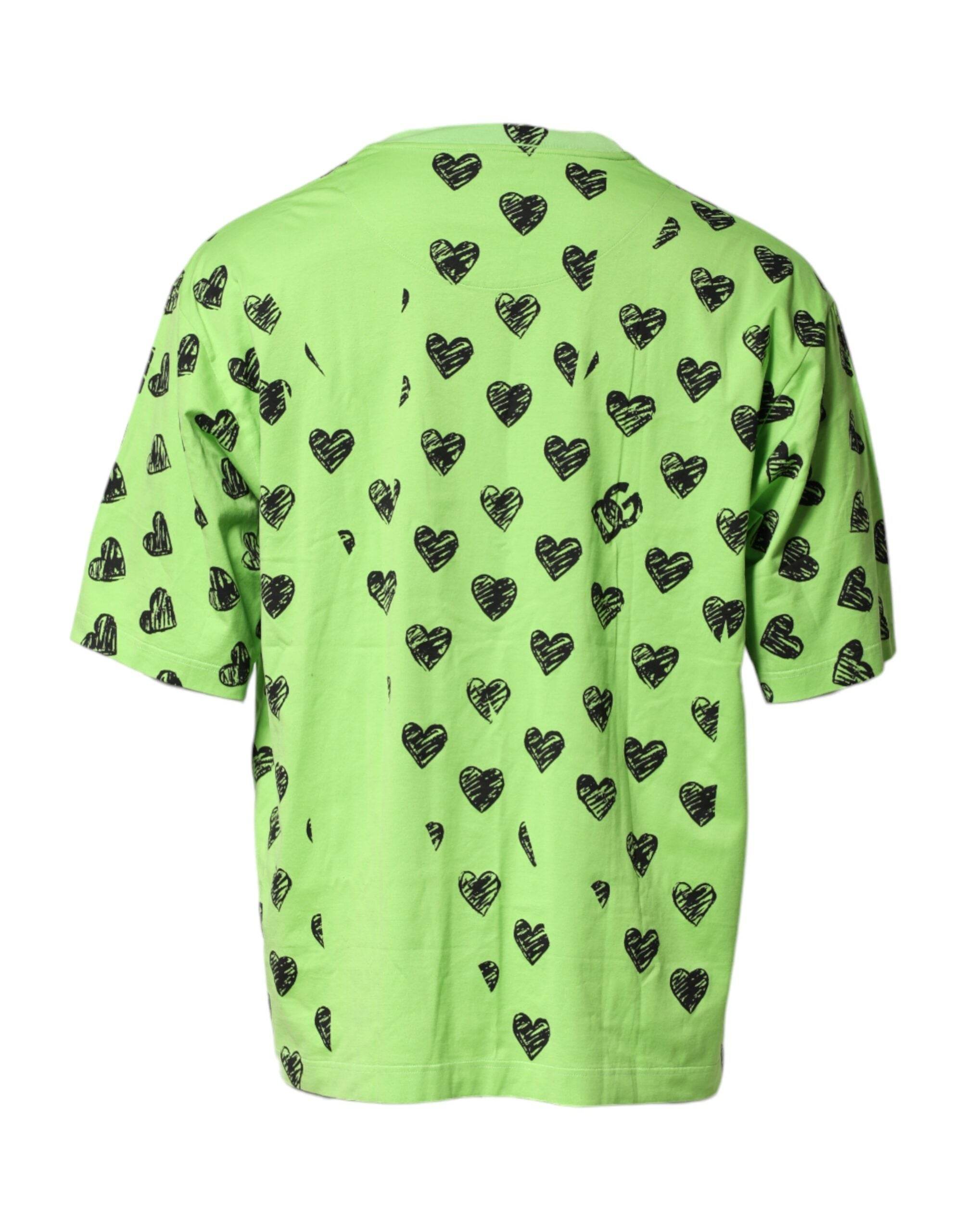 Dolce & Gabbana Green Heart Print Cotton Crew Neck T-shirt - Hilstor