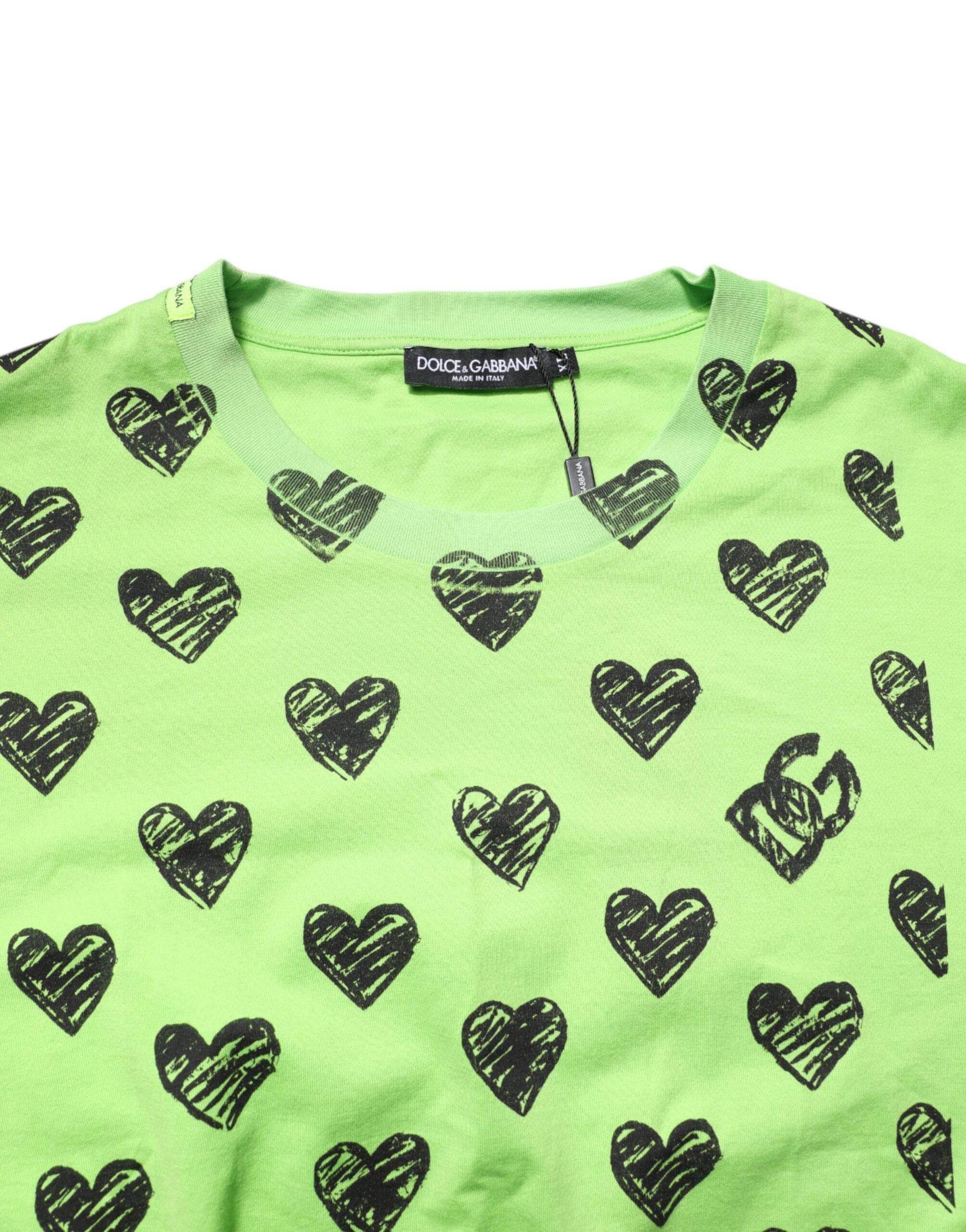 Dolce & Gabbana Green Heart Print Cotton Crew Neck T-shirt - Hilstor