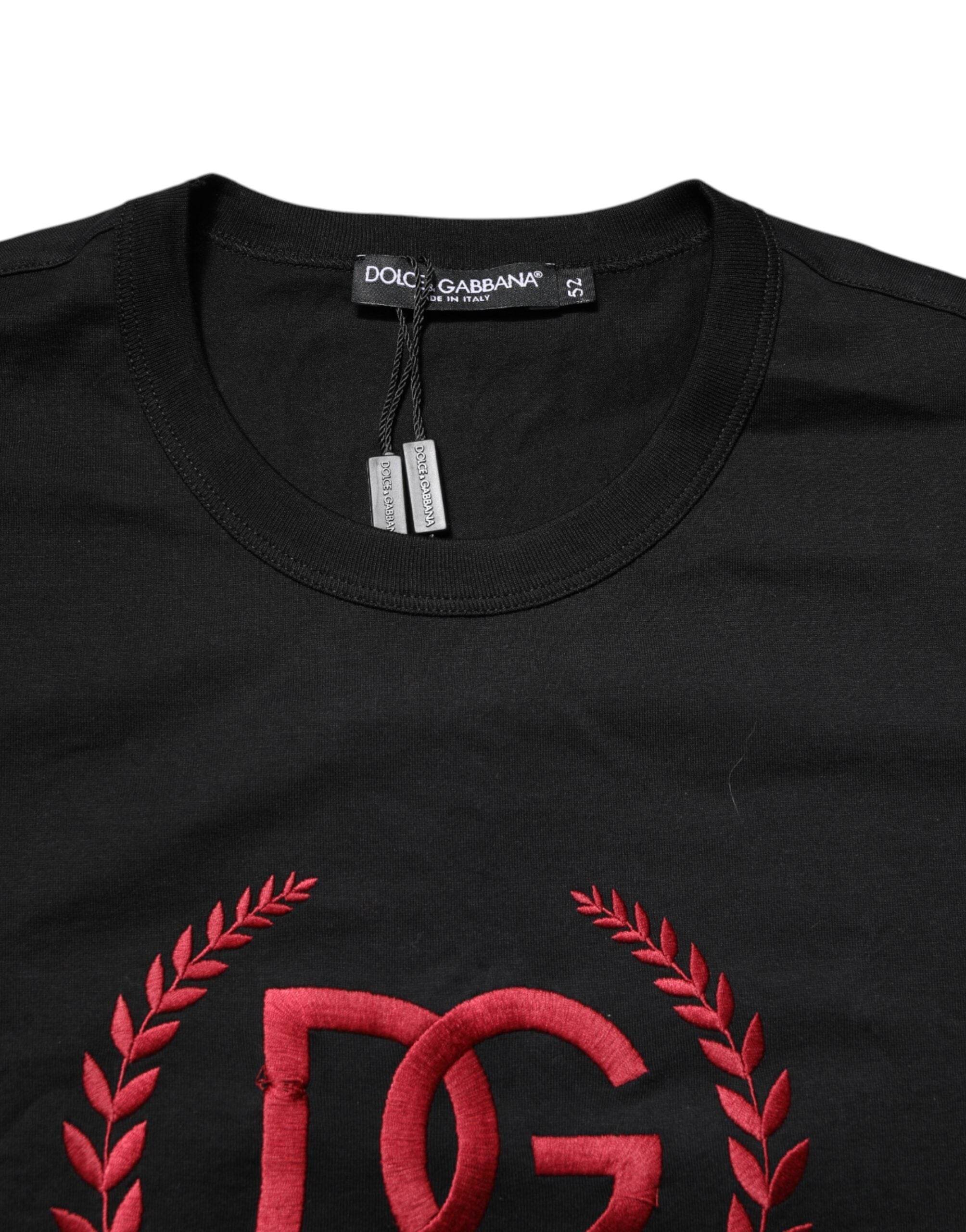 Dolce & Gabbana Black Cotton Embroidered Crew Neck T-shirt - Hilstor