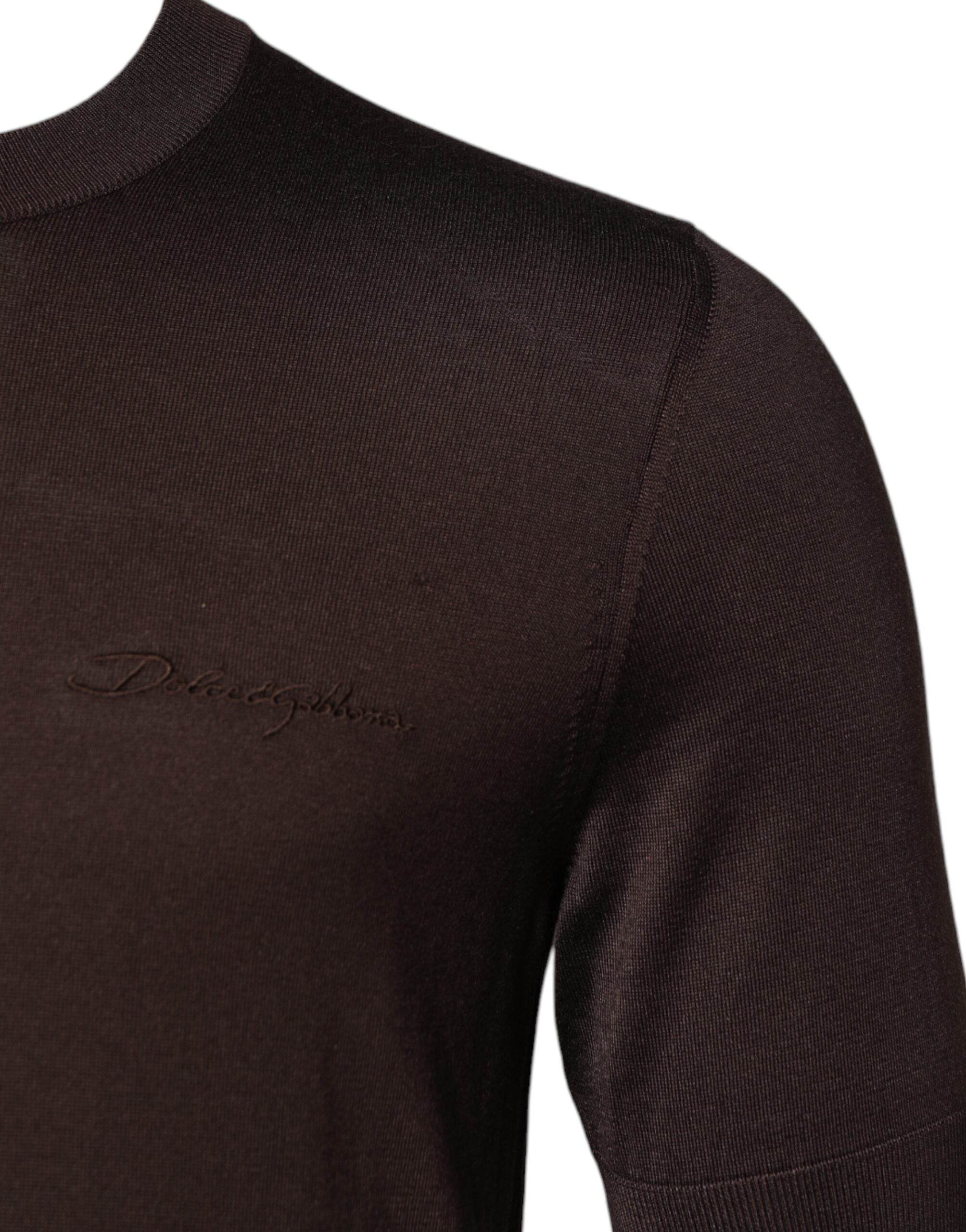Dolce & Gabbana Brown Silk Logo Embroidery Crew Neck T-shirt - Hilstor