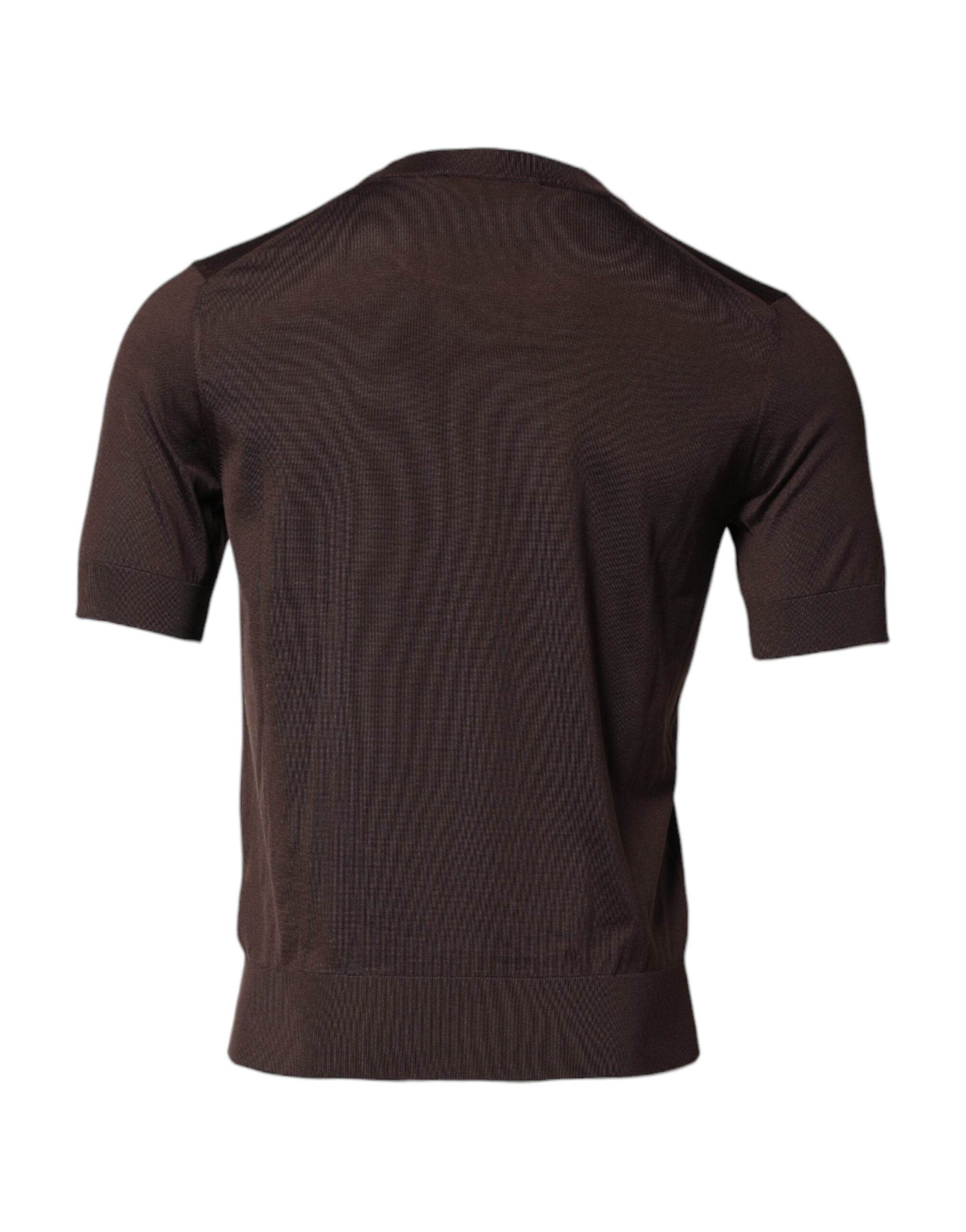 Dolce & Gabbana Brown Silk Logo Embroidery Crew Neck T-shirt - Hilstor