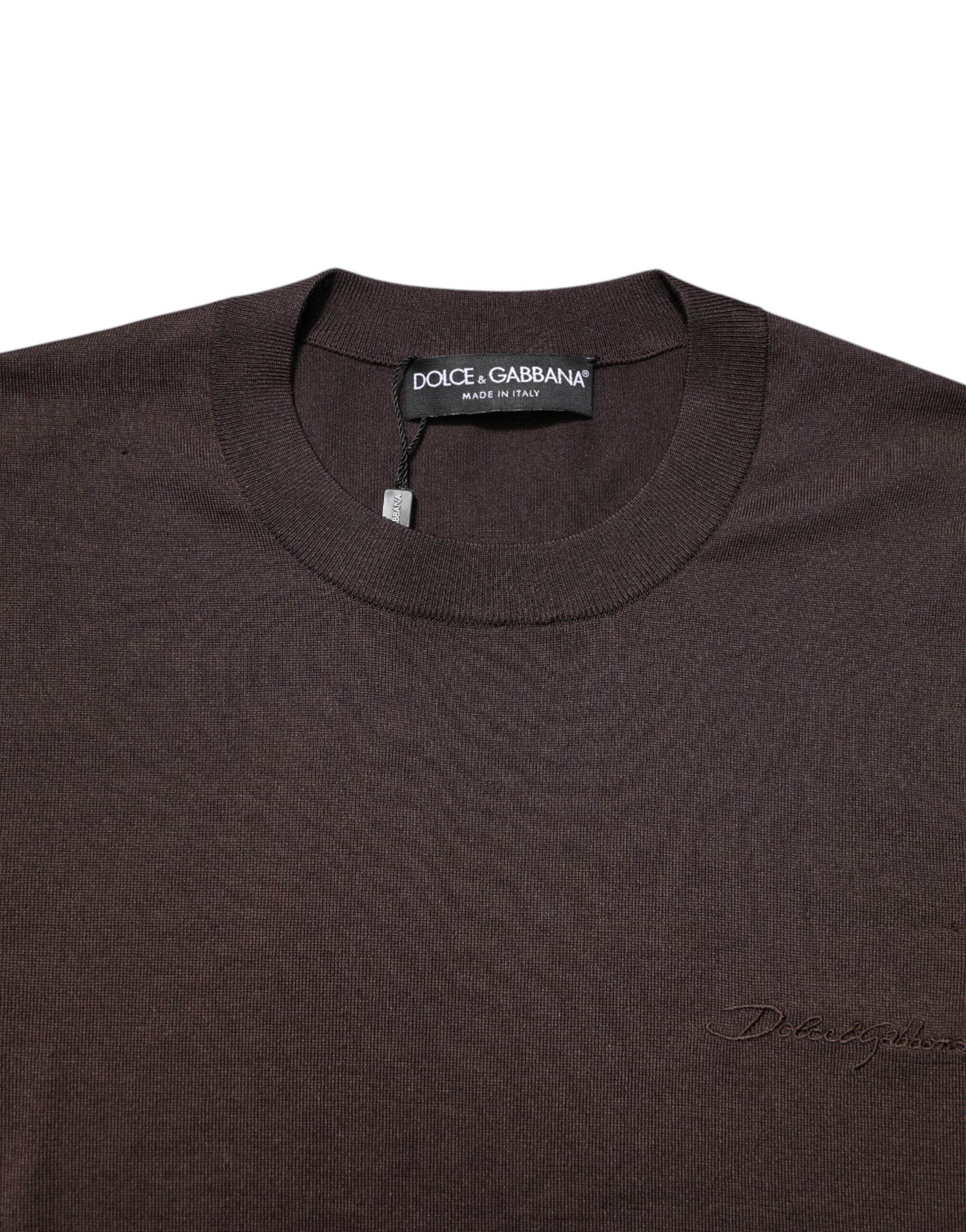 Dolce & Gabbana Brown Silk Logo Embroidery Crew Neck T-shirt - Hilstor