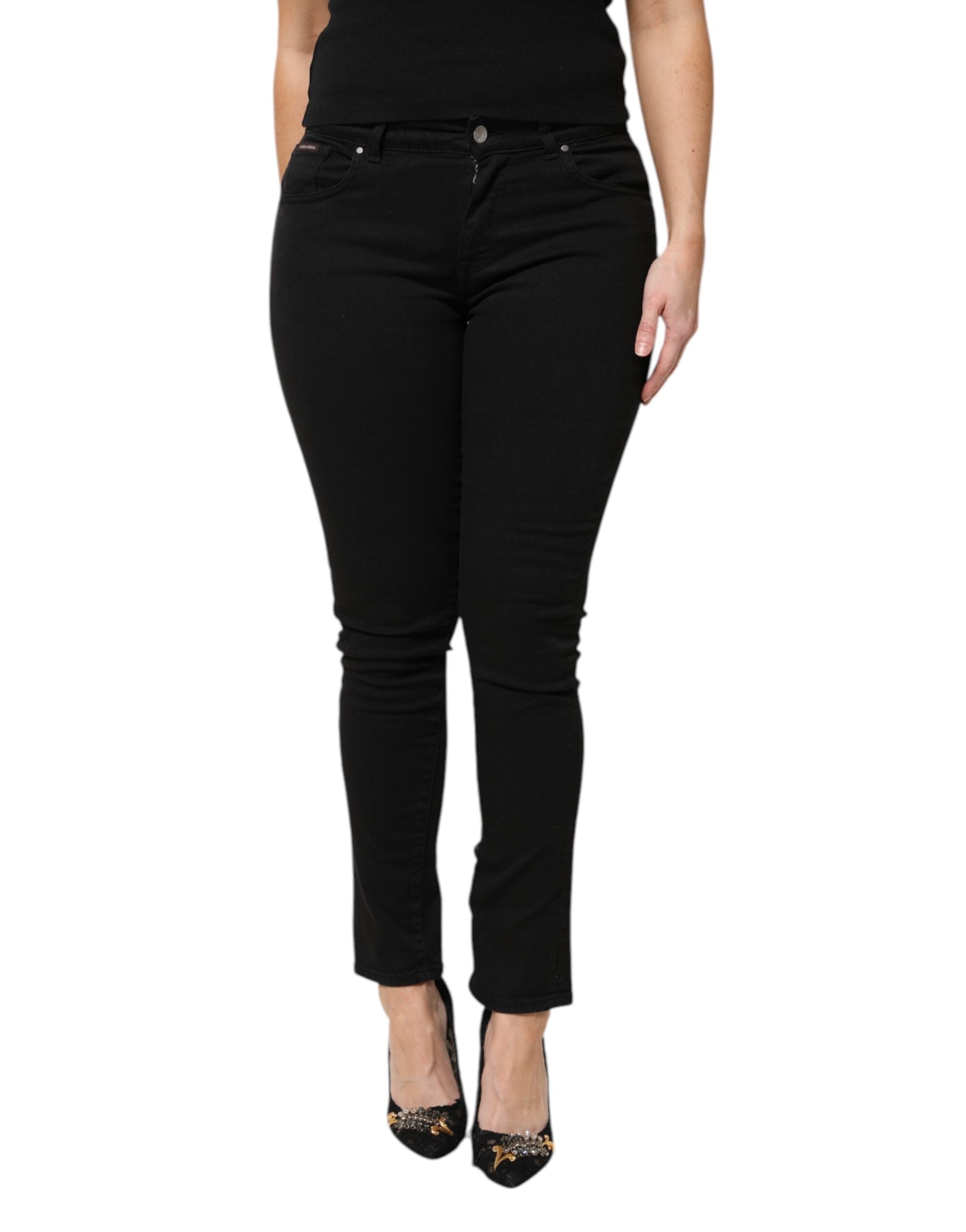 Dolce &amp; Gabbana Sorte Bomuldslogo Mellemhøj Talje Skinny Denim Jeans