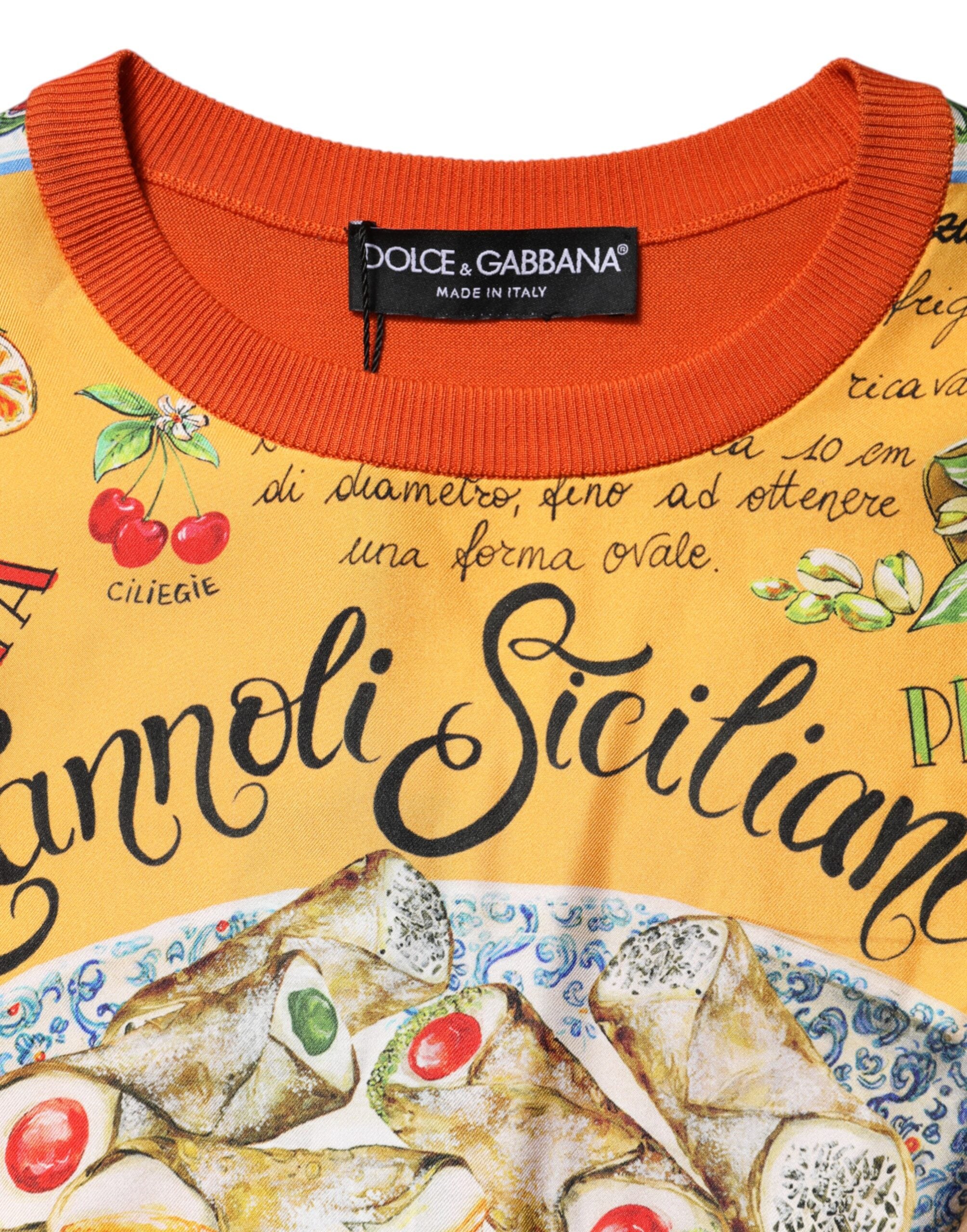 Dolce & Gabbana Orange Cannoli Sicilian Silk Crew Neck Top