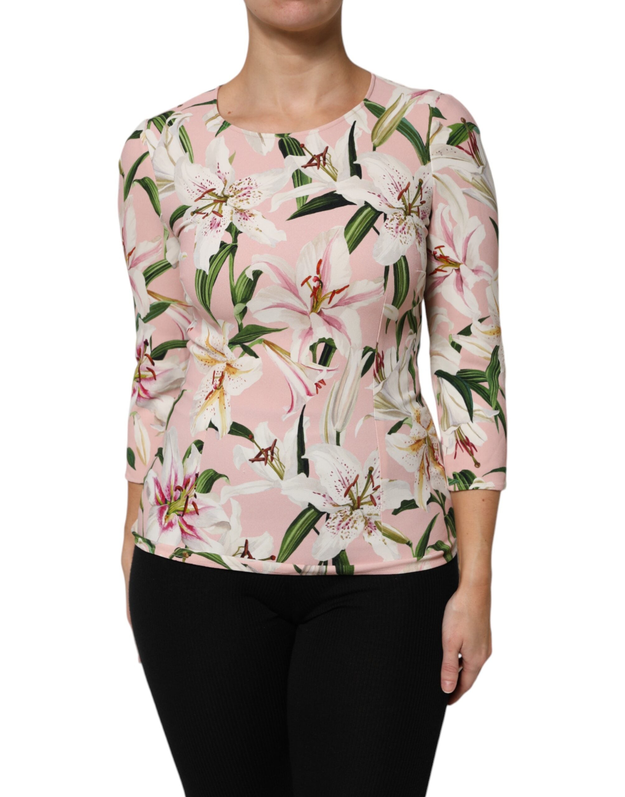 Dolce &amp; Gabbana Pink Lily Print Viscose Blusetop med Rund Hals