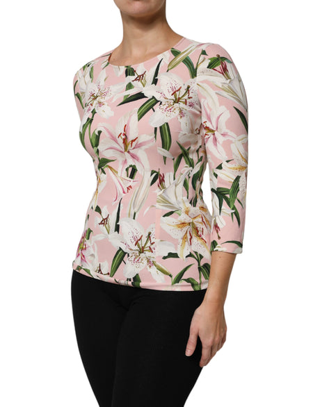 Dolce &amp; Gabbana Pink Lily Print Viscose Blusetop med Rund Hals