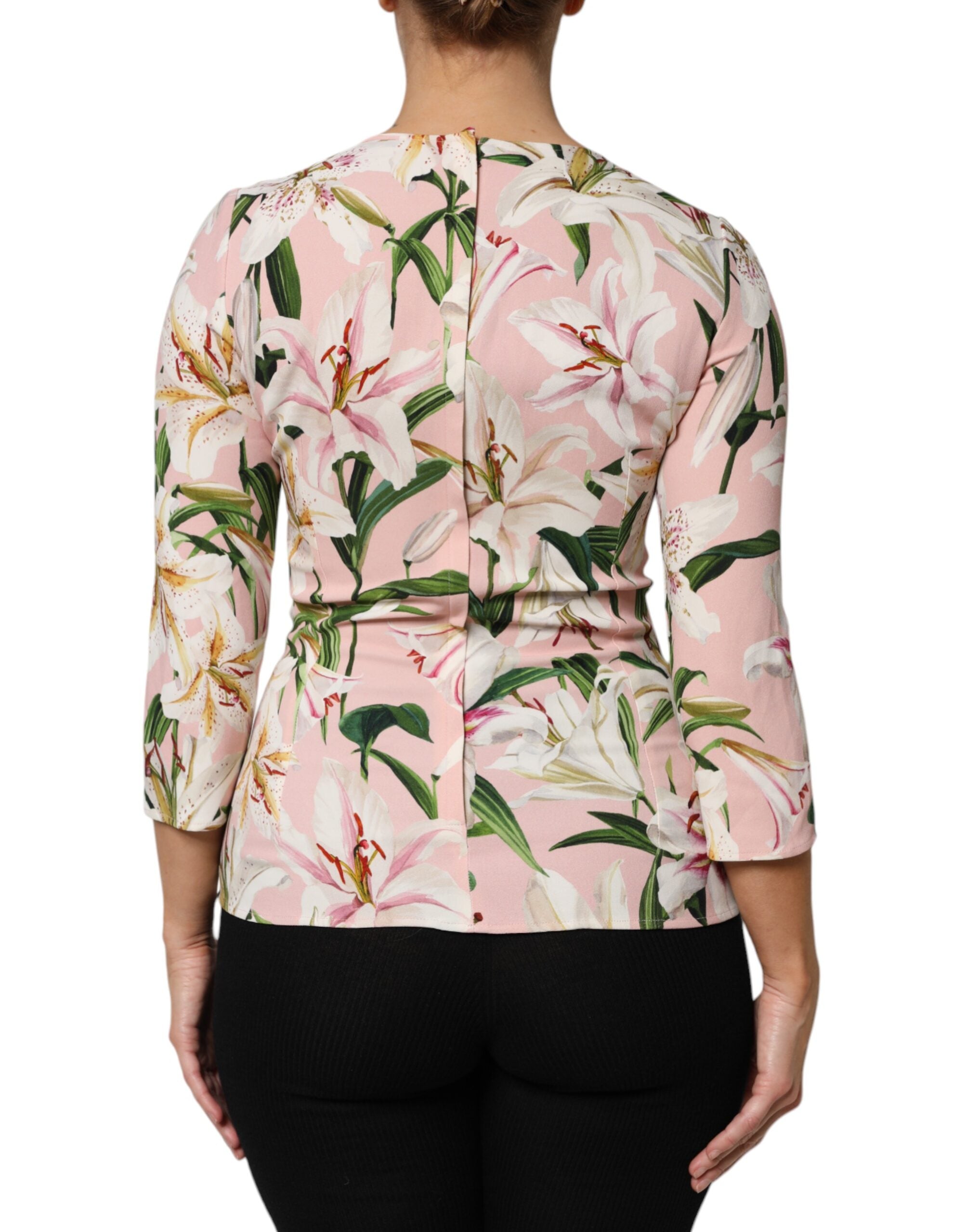 Dolce &amp; Gabbana Pink Lily Print Viscose Blusetop med Rund Hals