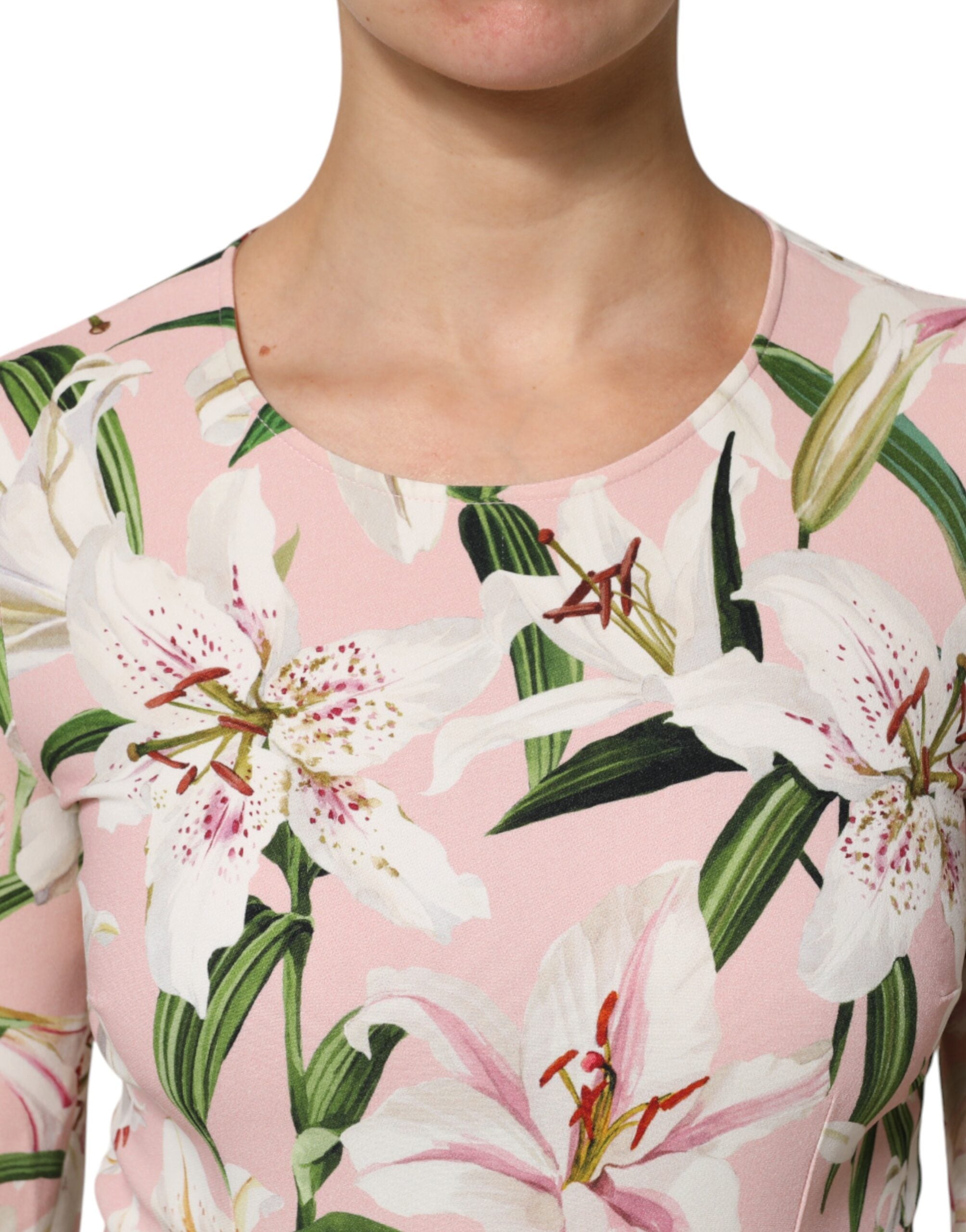 Dolce &amp; Gabbana Pink Lily Print Viscose Blusetop med Rund Hals