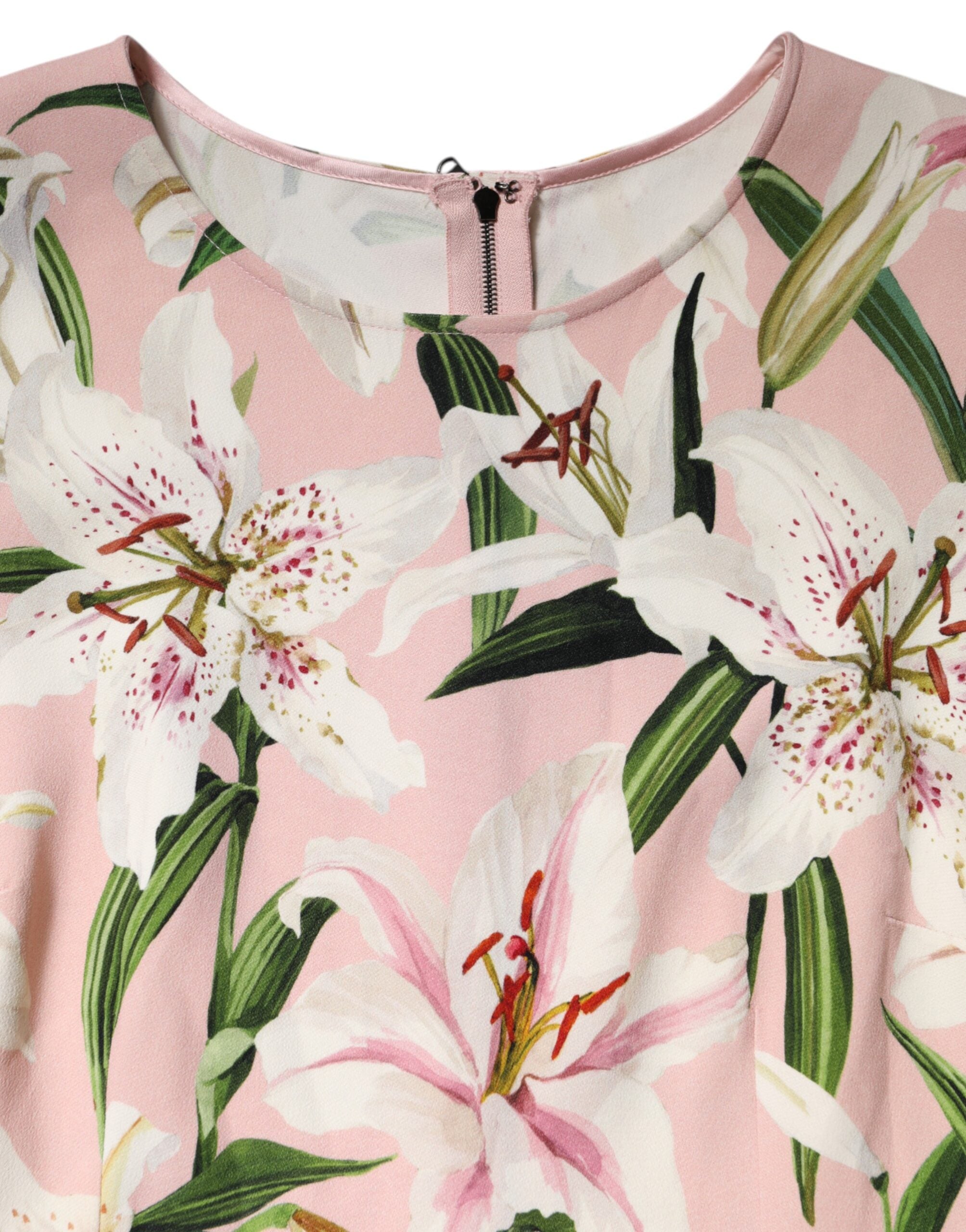 Dolce &amp; Gabbana Pink Lily Print Viscose Blusetop med Rund Hals