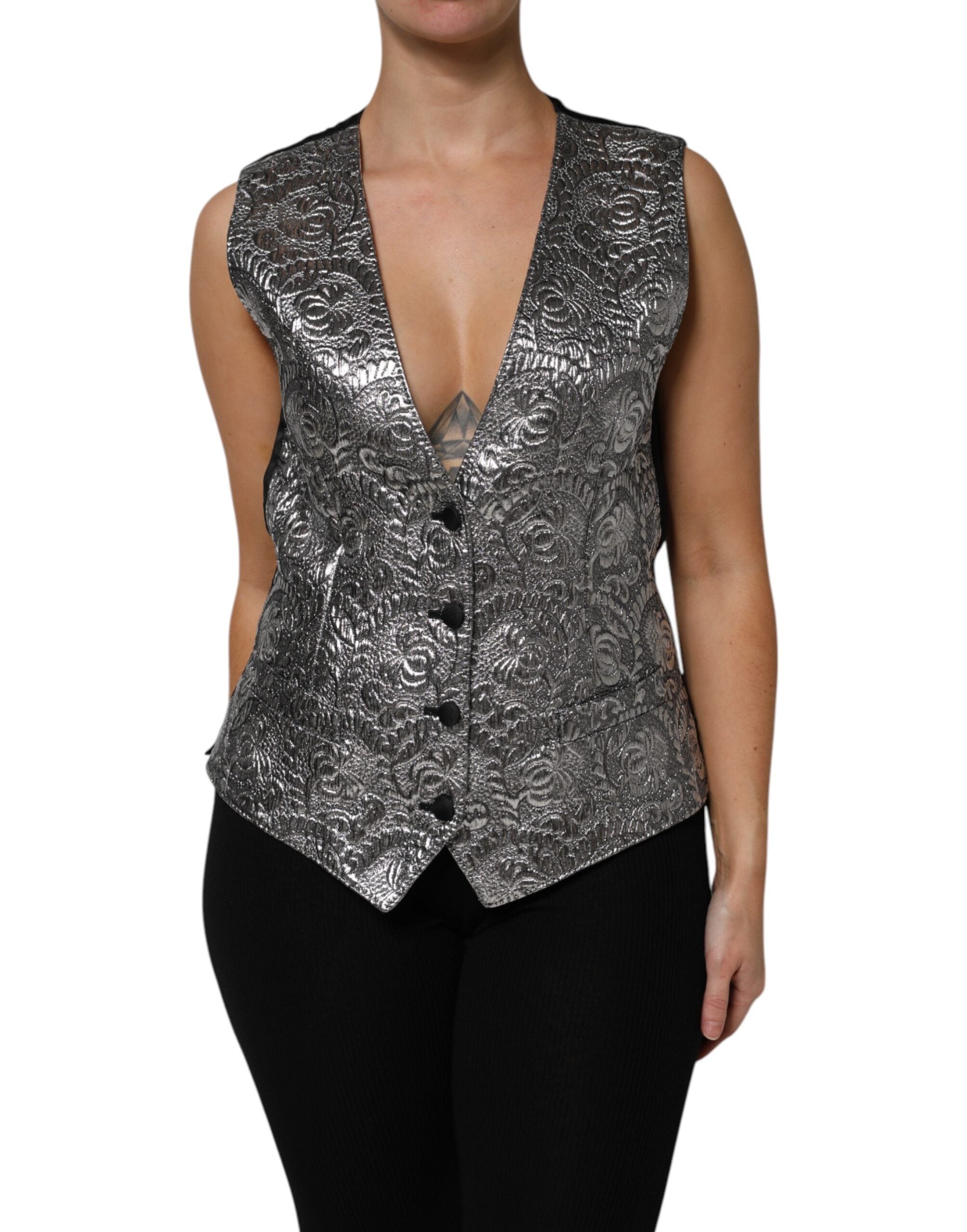 Dolce &amp; Gabbana Sølvfarvet Blomsterjacquard Ærmeløs Vesttop