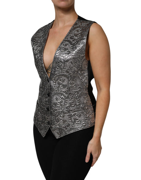 Dolce &amp; Gabbana Sølvfarvet Blomsterjacquard Ærmeløs Vesttop