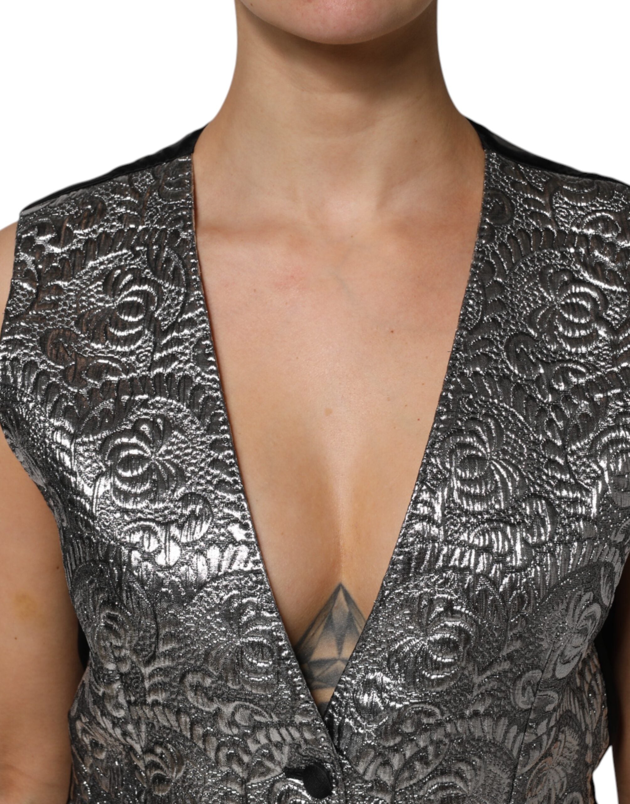 Dolce &amp; Gabbana Sølvfarvet Blomsterjacquard Ærmeløs Vesttop