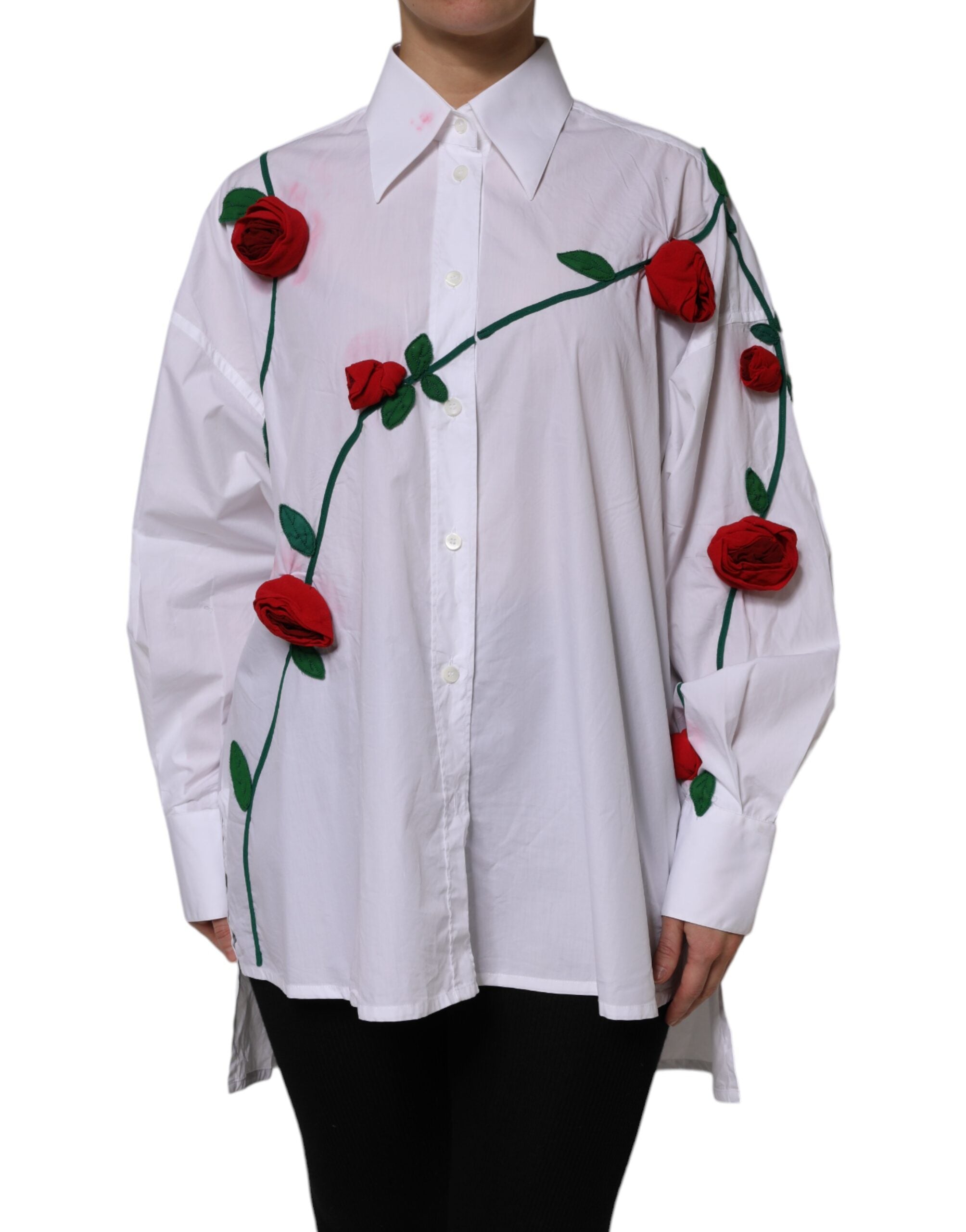 Dolce &amp; Gabbana Hvid Bomuldsskjortetop med Blomsterapplikationer