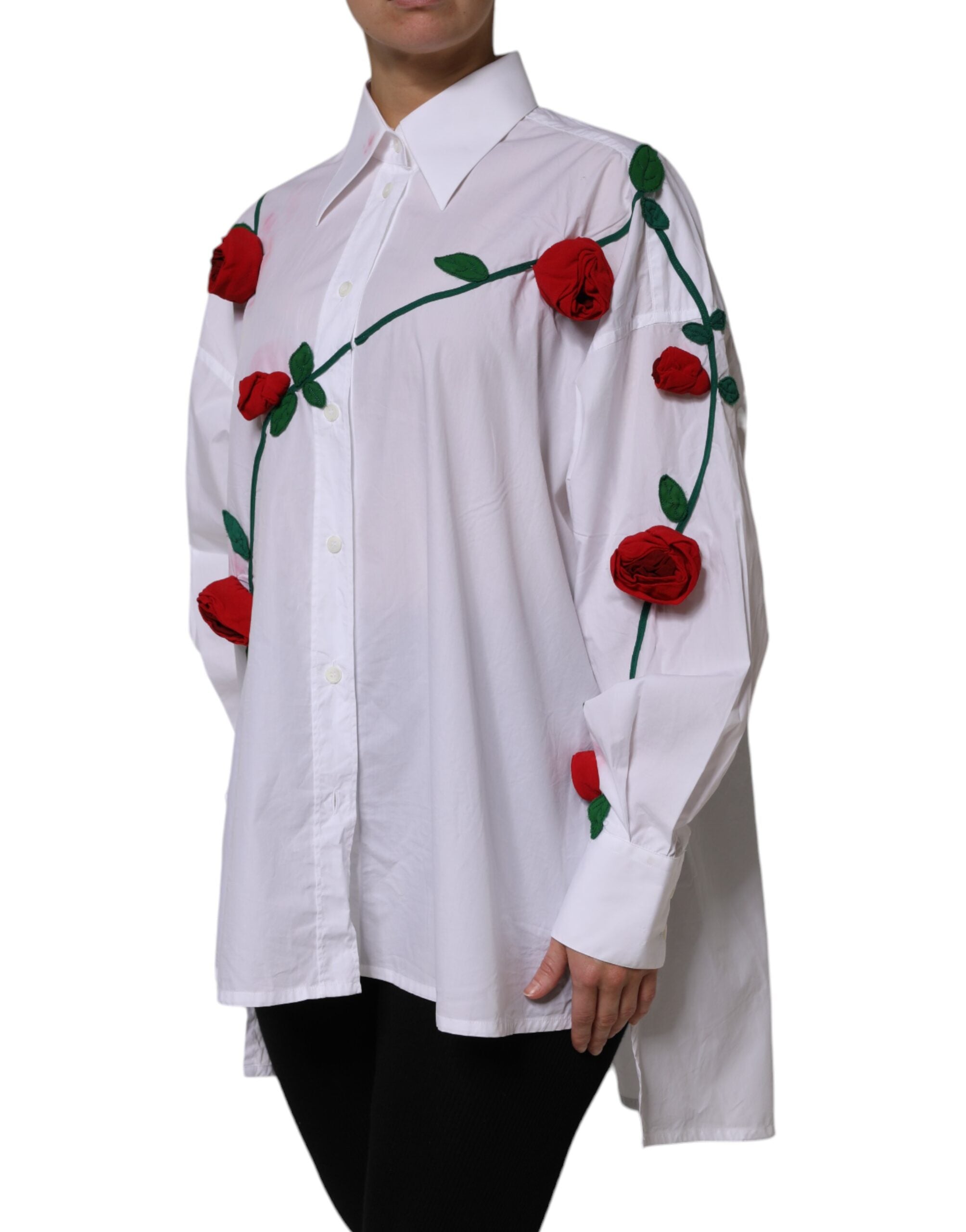 Dolce &amp; Gabbana Hvid Bomuldsskjortetop med Blomsterapplikationer
