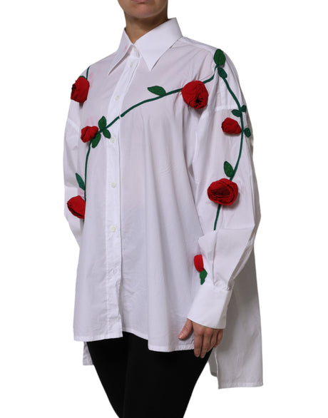 Dolce &amp; Gabbana Hvid Bomuldsskjortetop med Blomsterapplikationer