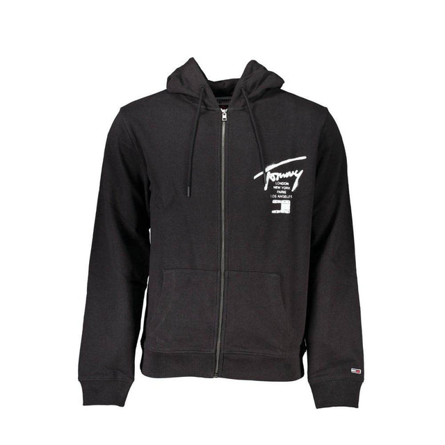 Tommy Hilfiger Black Cotton Men Sweater with Hood and Zip Pockets - Hilstor