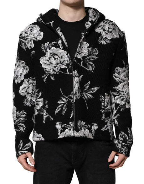 Dolce & Gabbana Black Wool Floral Printed Men Hooded Jacket - Hilstor