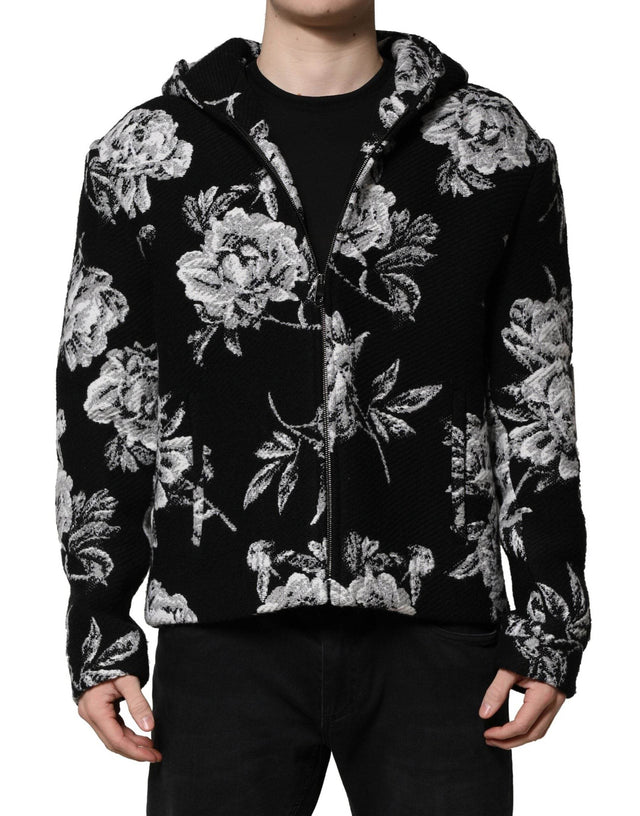 Dolce & Gabbana Black Wool Floral Printed Men Hooded Jacket - Hilstor