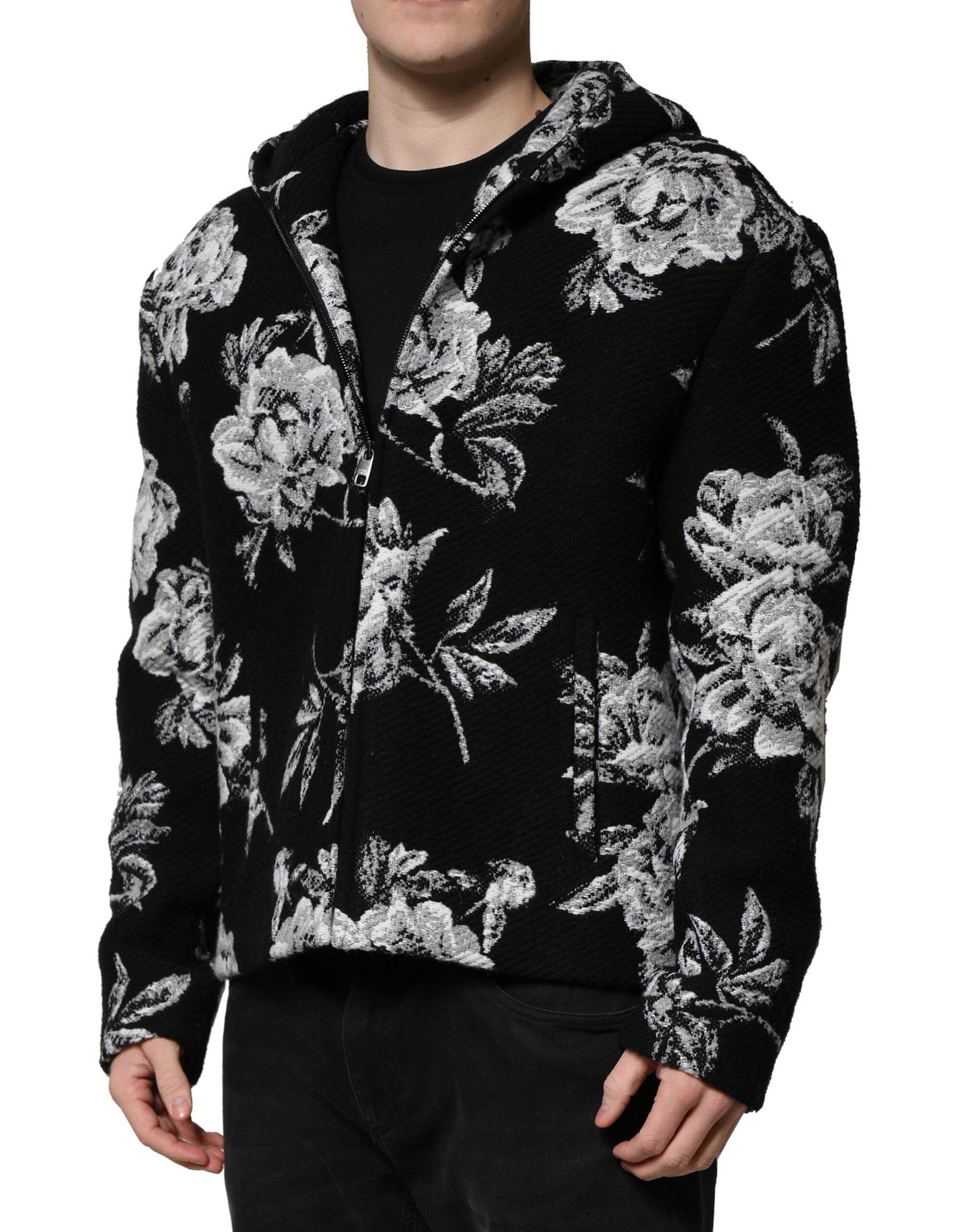 Dolce & Gabbana Black Wool Floral Printed Men Hooded Jacket - Hilstor