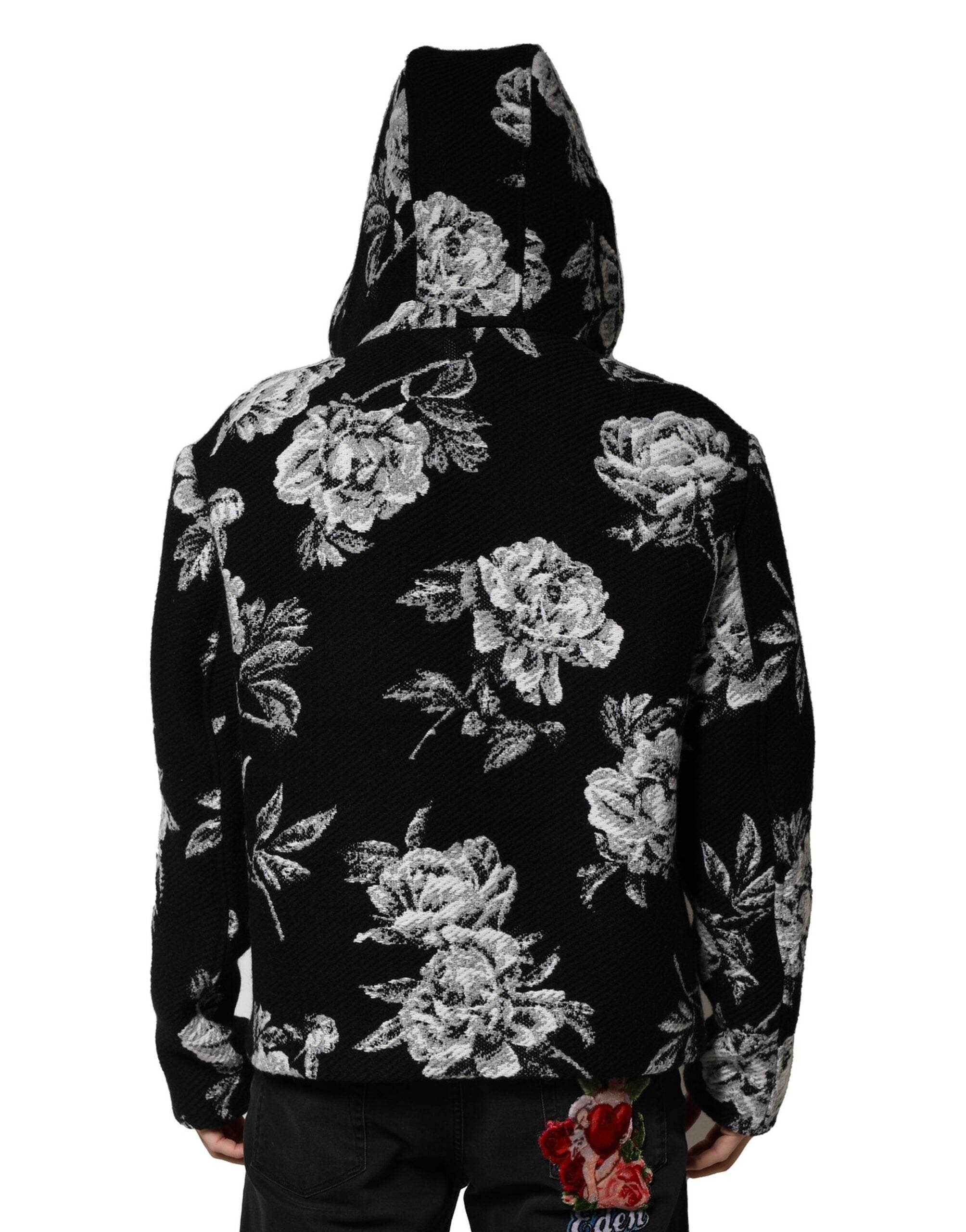 Dolce & Gabbana Black Wool Floral Printed Men Hooded Jacket - Hilstor