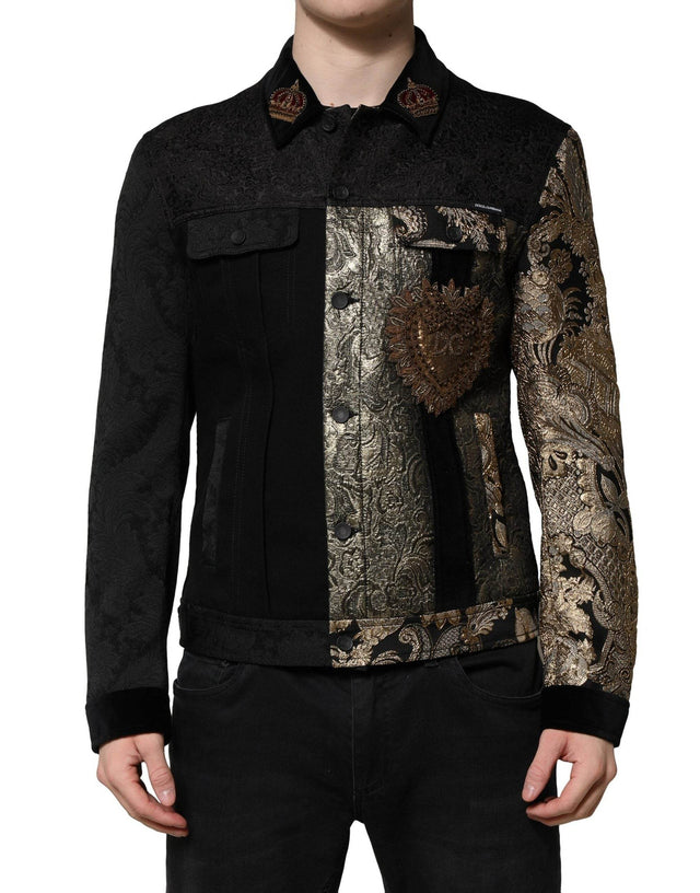 Dolce & Gabbana Black Gold Floral Jacquard Men Biker Jacket - Hilstor