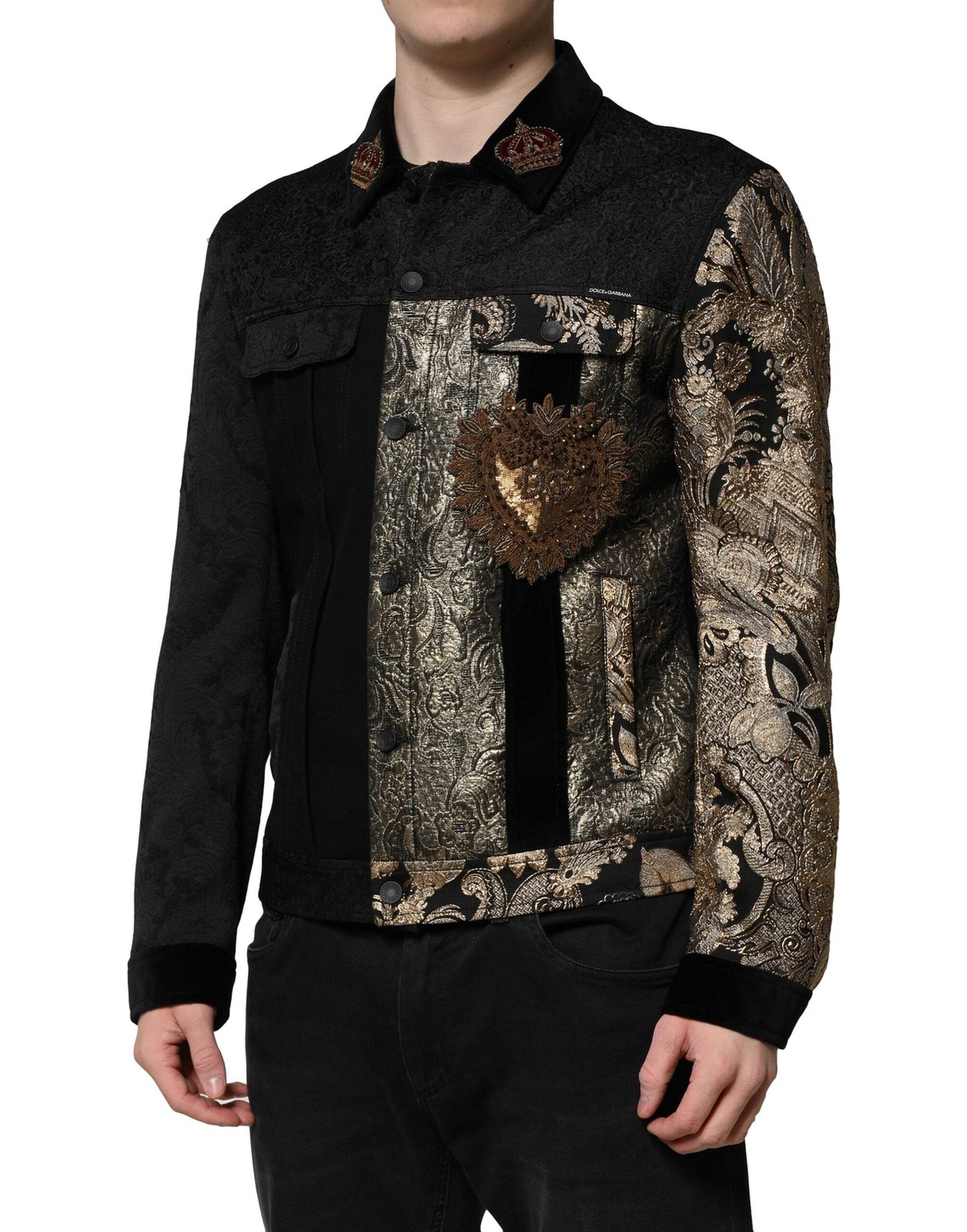 Dolce & Gabbana Black Gold Floral Jacquard Men Biker Jacket - Hilstor
