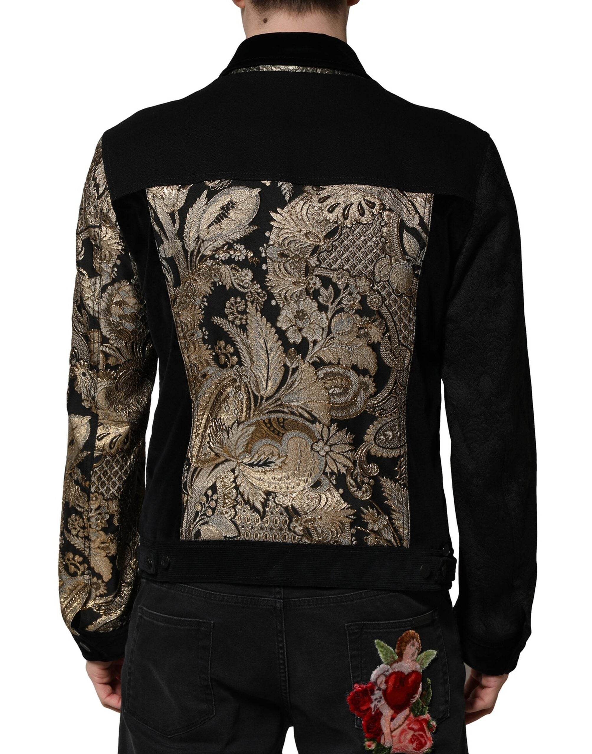 Dolce & Gabbana Black Gold Floral Jacquard Men Biker Jacket - Hilstor