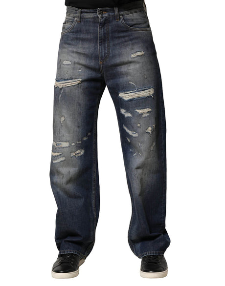 Dolce & Gabbana Blue Washed Tattered Cotton Men Jeans - Hilstor