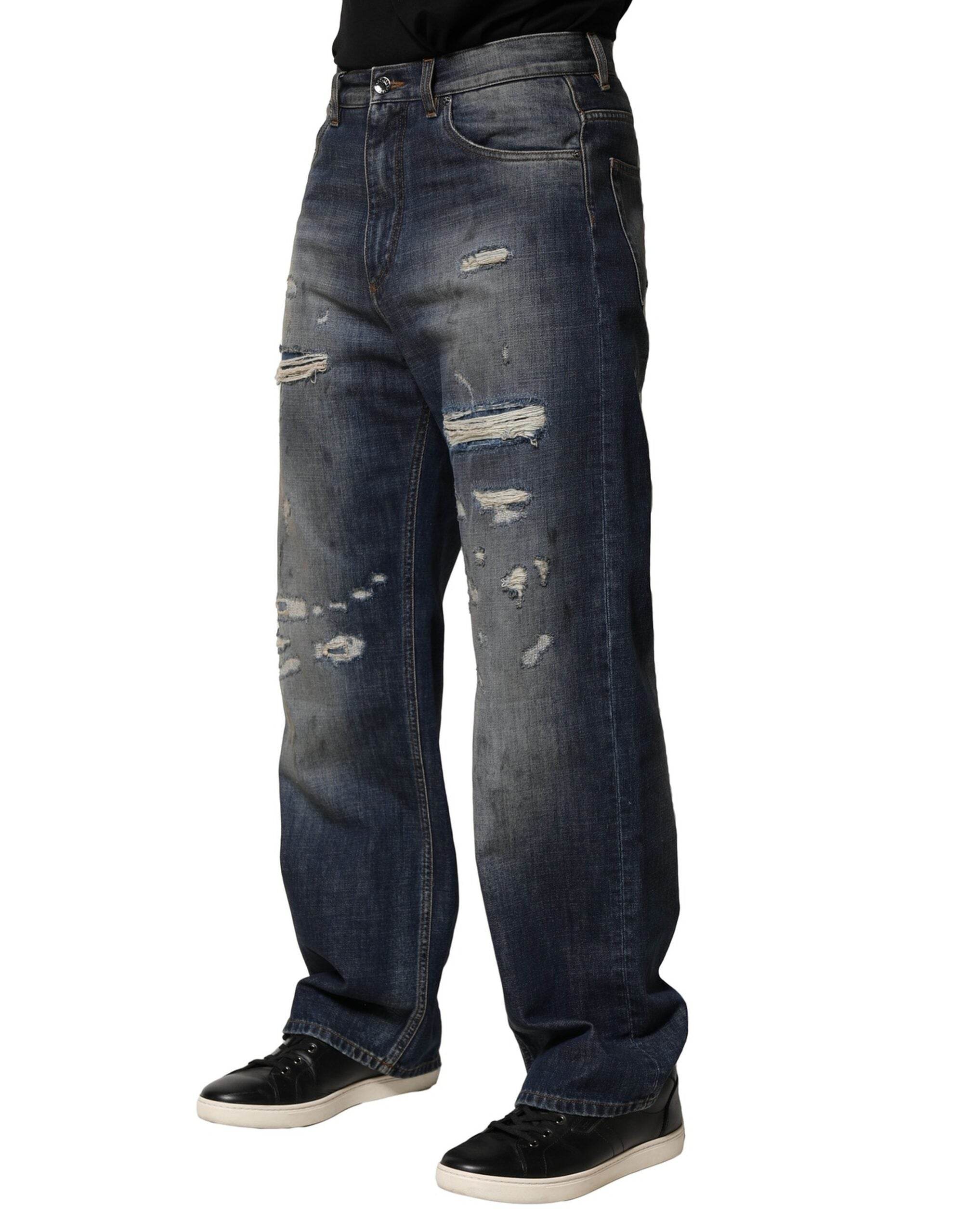 Dolce & Gabbana Blue Washed Tattered Cotton Men Jeans - Hilstor