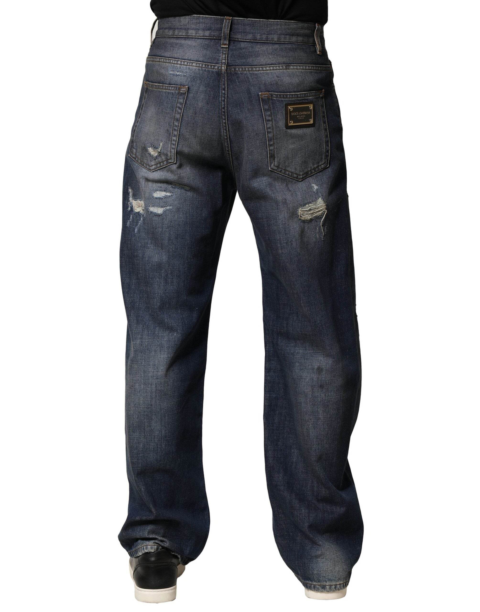 Dolce & Gabbana Blue Washed Tattered Cotton Men Jeans - Hilstor