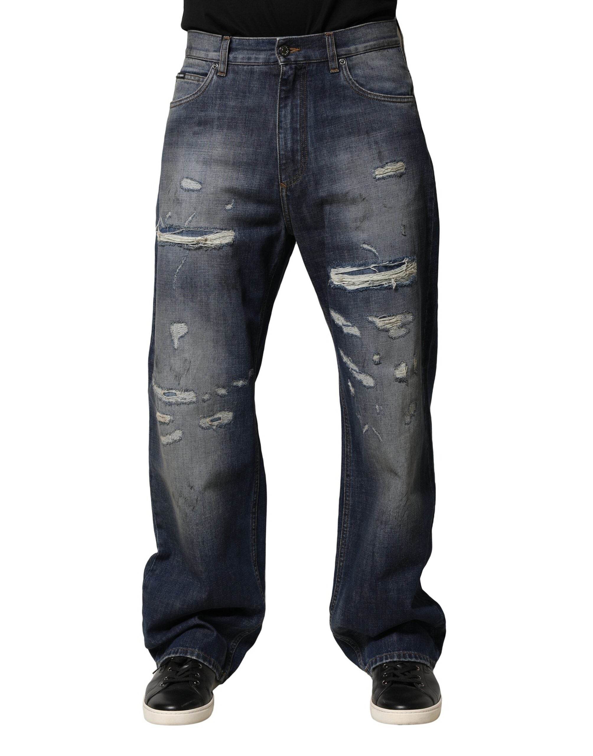 Dolce & Gabbana Blue Washed Tattered Cotton Men Jeans - Hilstor