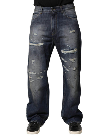 Dolce & Gabbana Blue Washed Tattered Cotton Men Jeans - Hilstor