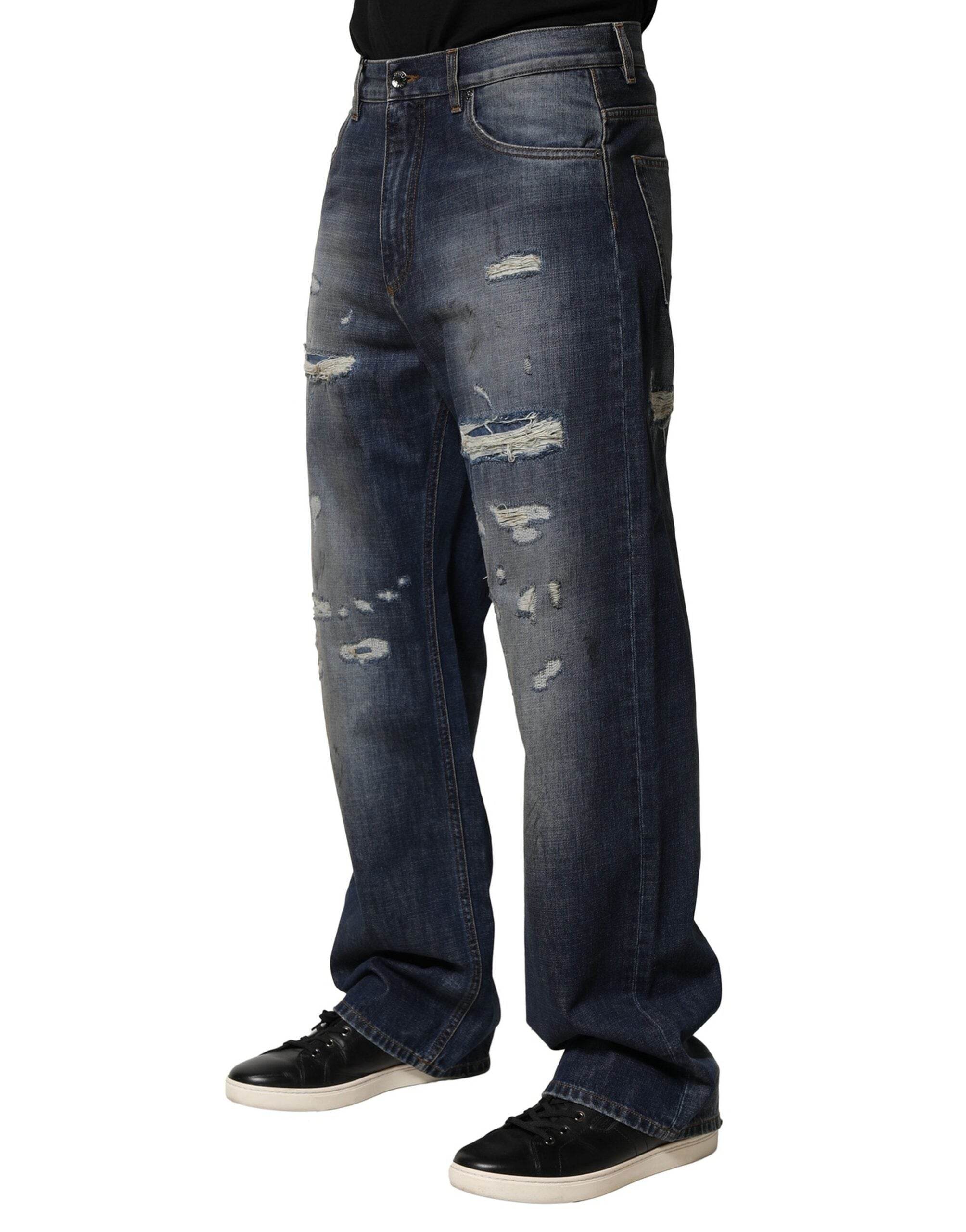 Dolce & Gabbana Blue Washed Tattered Cotton Men Jeans - Hilstor