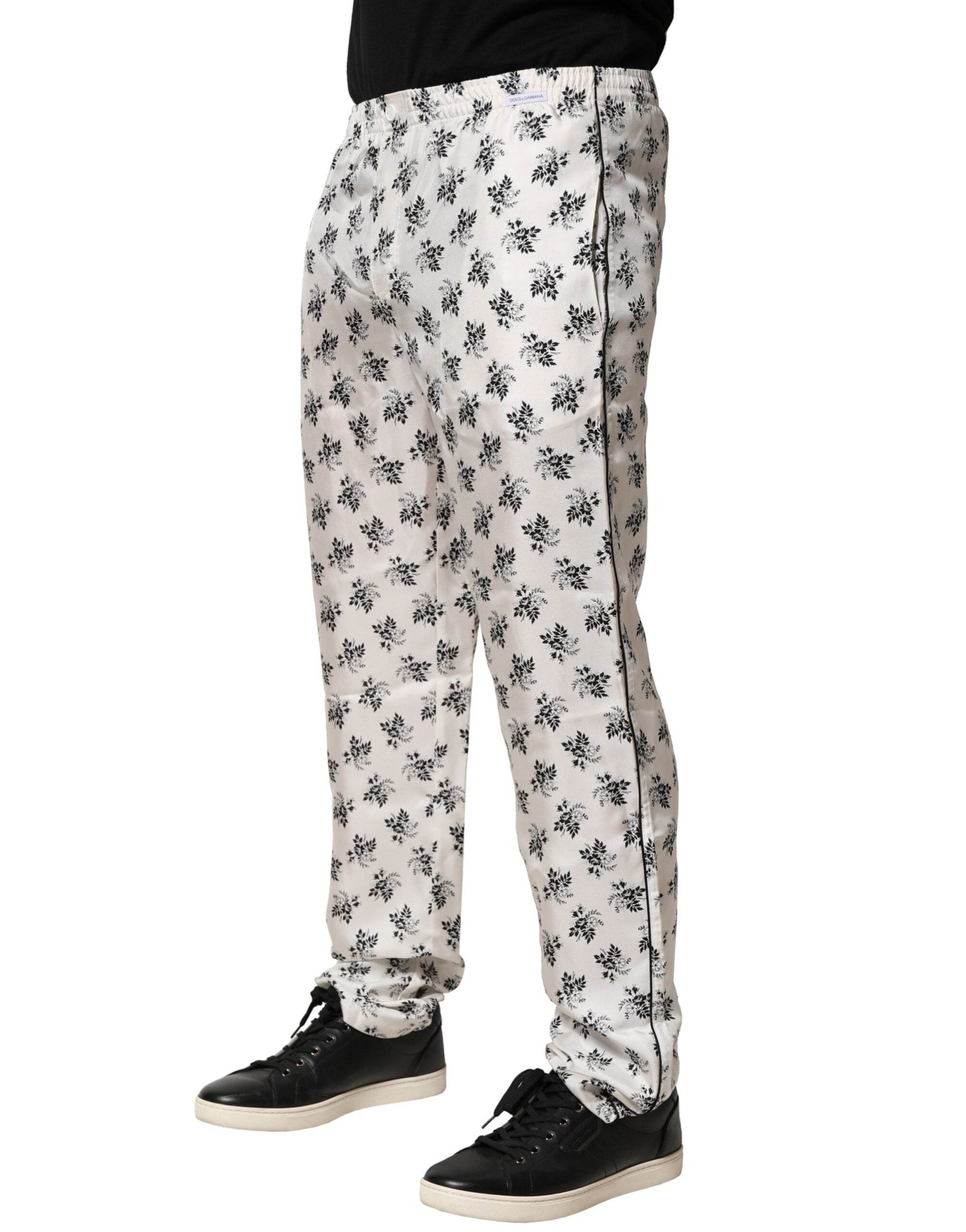 Dolce & Gabbana White Floral Silk Casual Lounge Pants - Hilstor