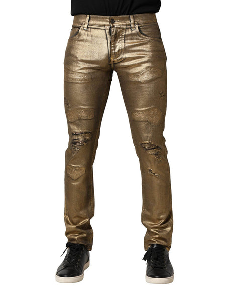 Dolce & Gabbana Gold Tattered Cotton Stretch Slim Denim Jeans - Hilstor