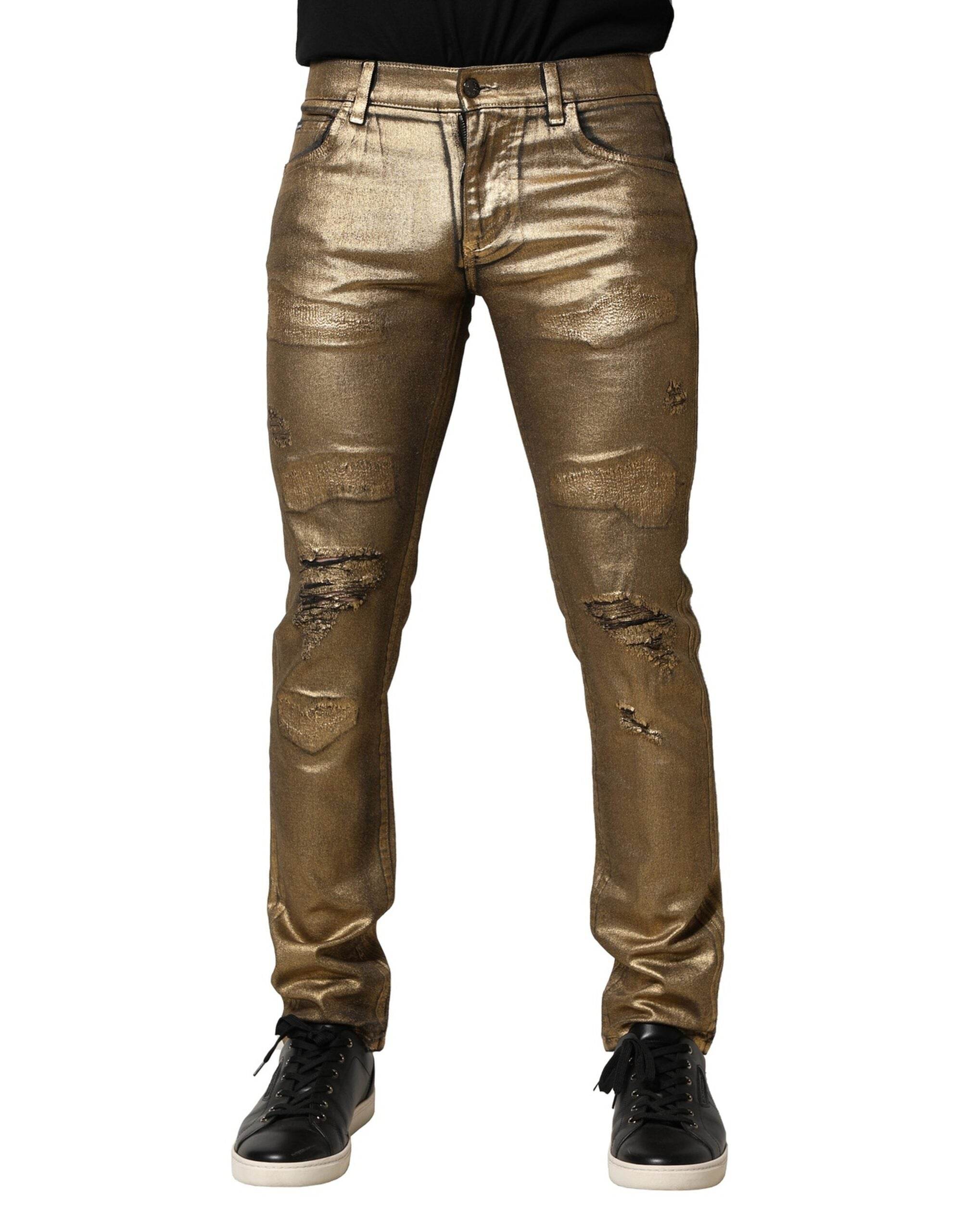 Dolce & Gabbana Gold Tattered Cotton Stretch Slim Denim Jeans - Hilstor