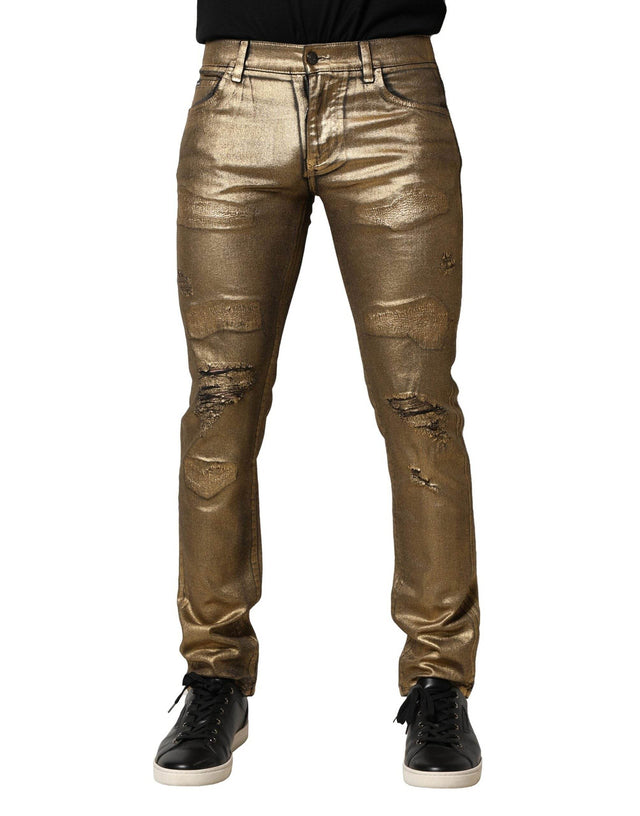 Dolce & Gabbana Gold Tattered Cotton Stretch Slim Denim Jeans - Hilstor