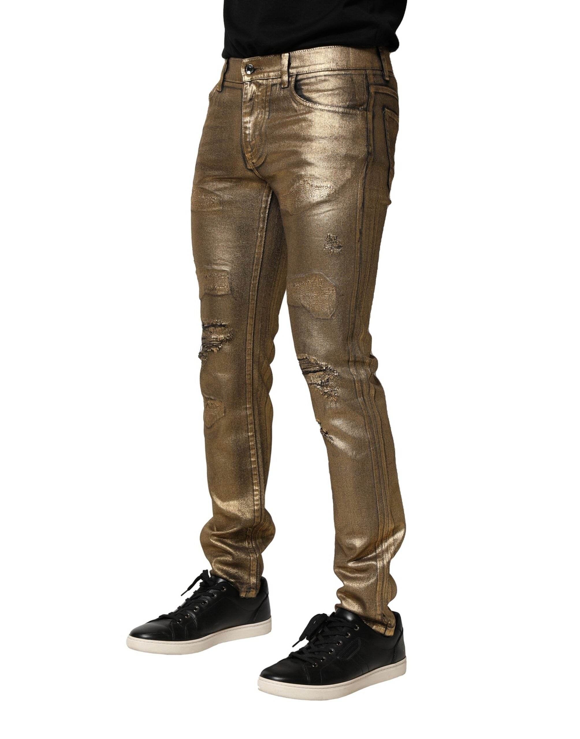 Dolce & Gabbana Gold Tattered Cotton Stretch Slim Denim Jeans - Hilstor