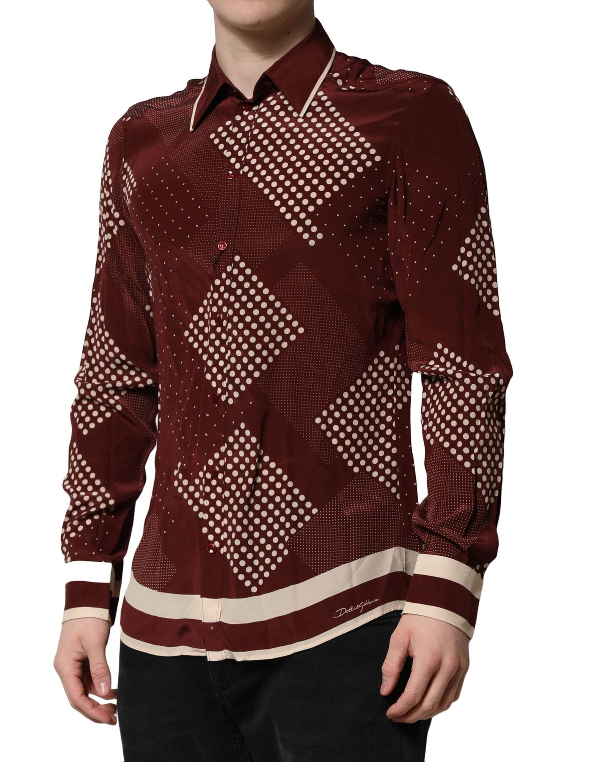 Dolce & Gabbana Maroon Dotted Silk Long Sleeve Casual Shirt - Hilstor