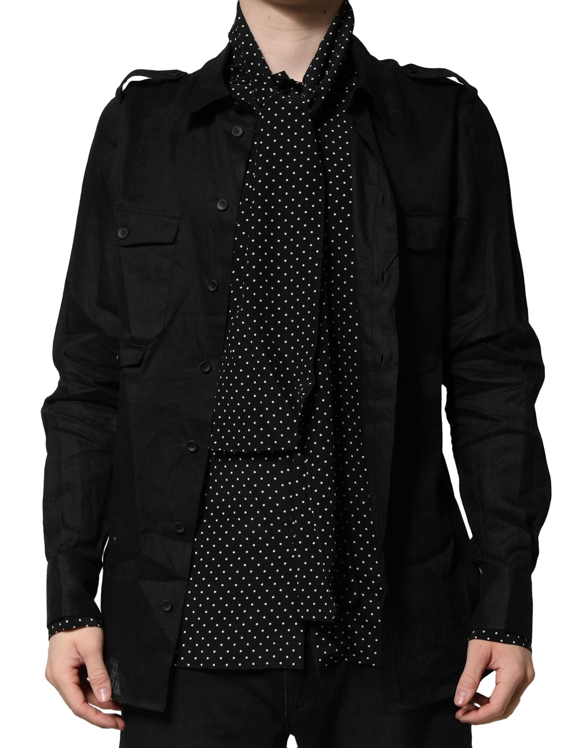 Dolce &amp; Gabbana Svart Polka Dot Linne Siden Herr Casual Skjorta