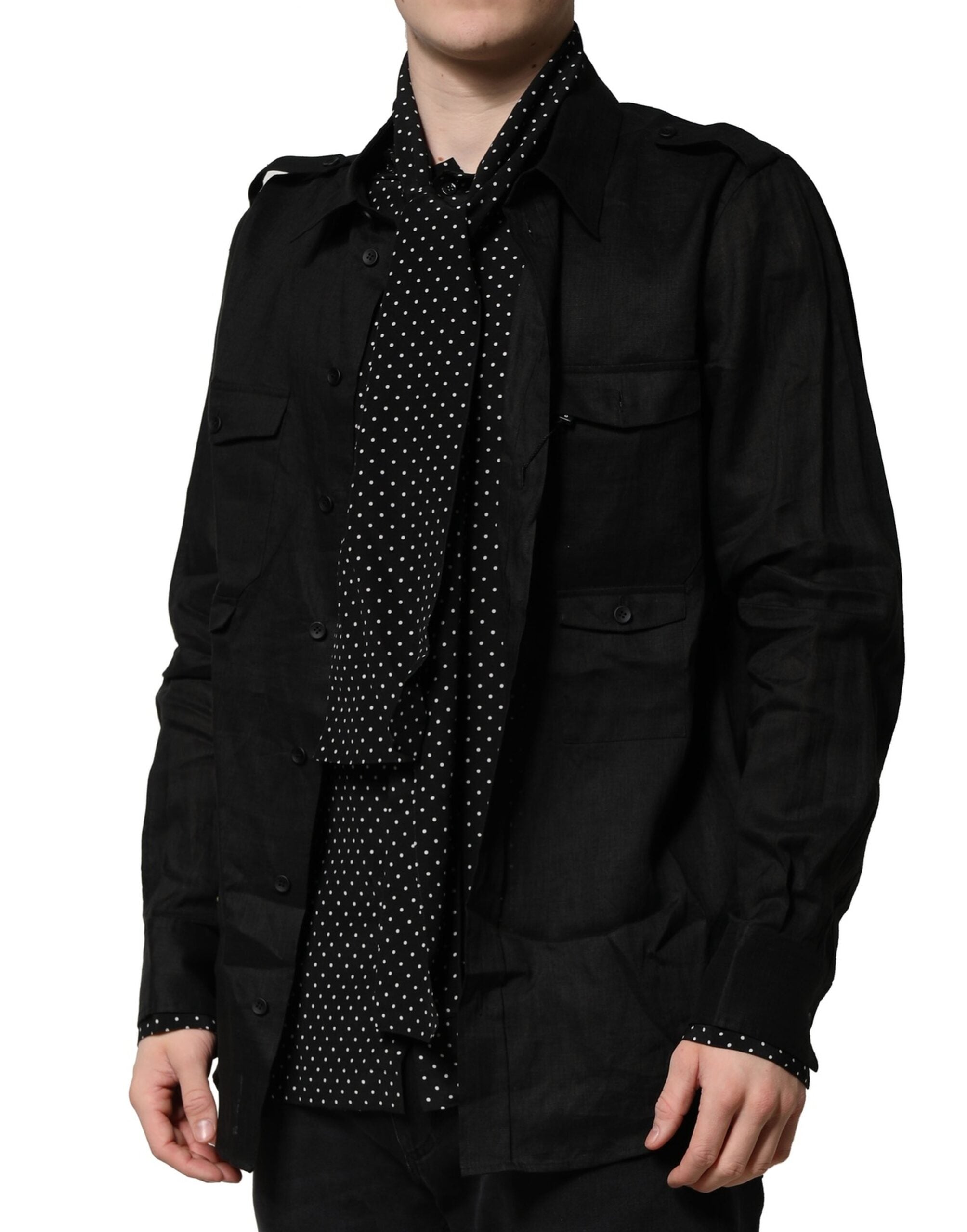 Dolce &amp; Gabbana Svart Polka Dot Linne Siden Herr Casual Skjorta